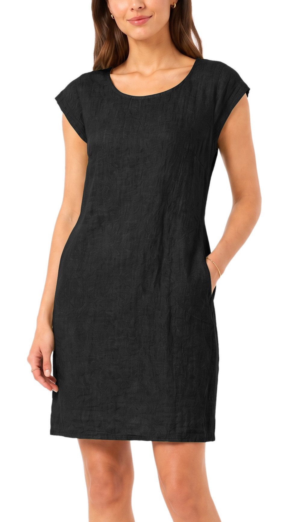 dy_mode Midikleid Einfarbiges Damen Leinenkleid Sommerkleid Kurzarm Midi Kleid in Unifarbe, mit Eingriffstaschen, leicht taillierte Passform