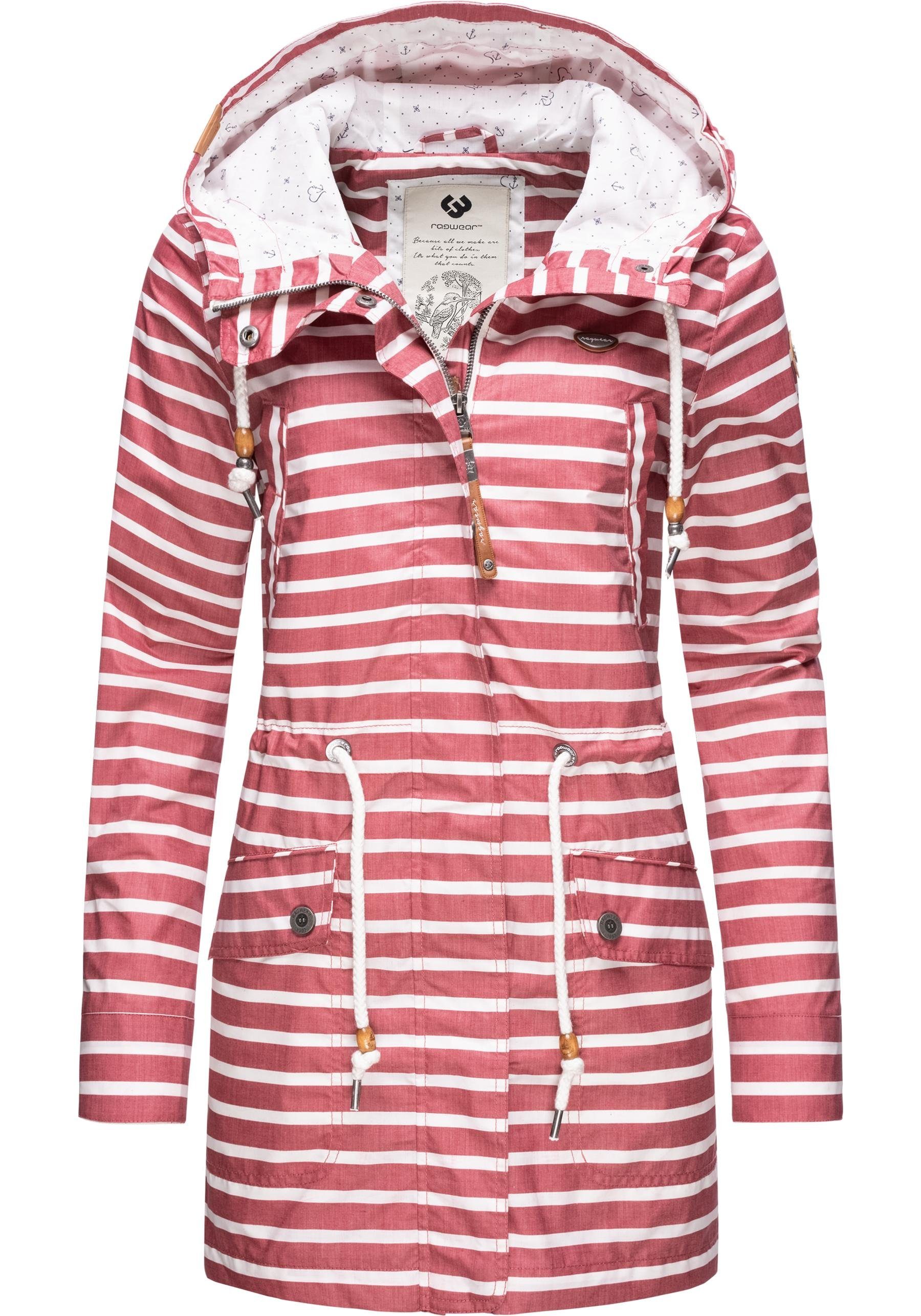 Ragwear Regenjacke Barunka Stripes stylische Übergangsjacke mit großer  Kapuze