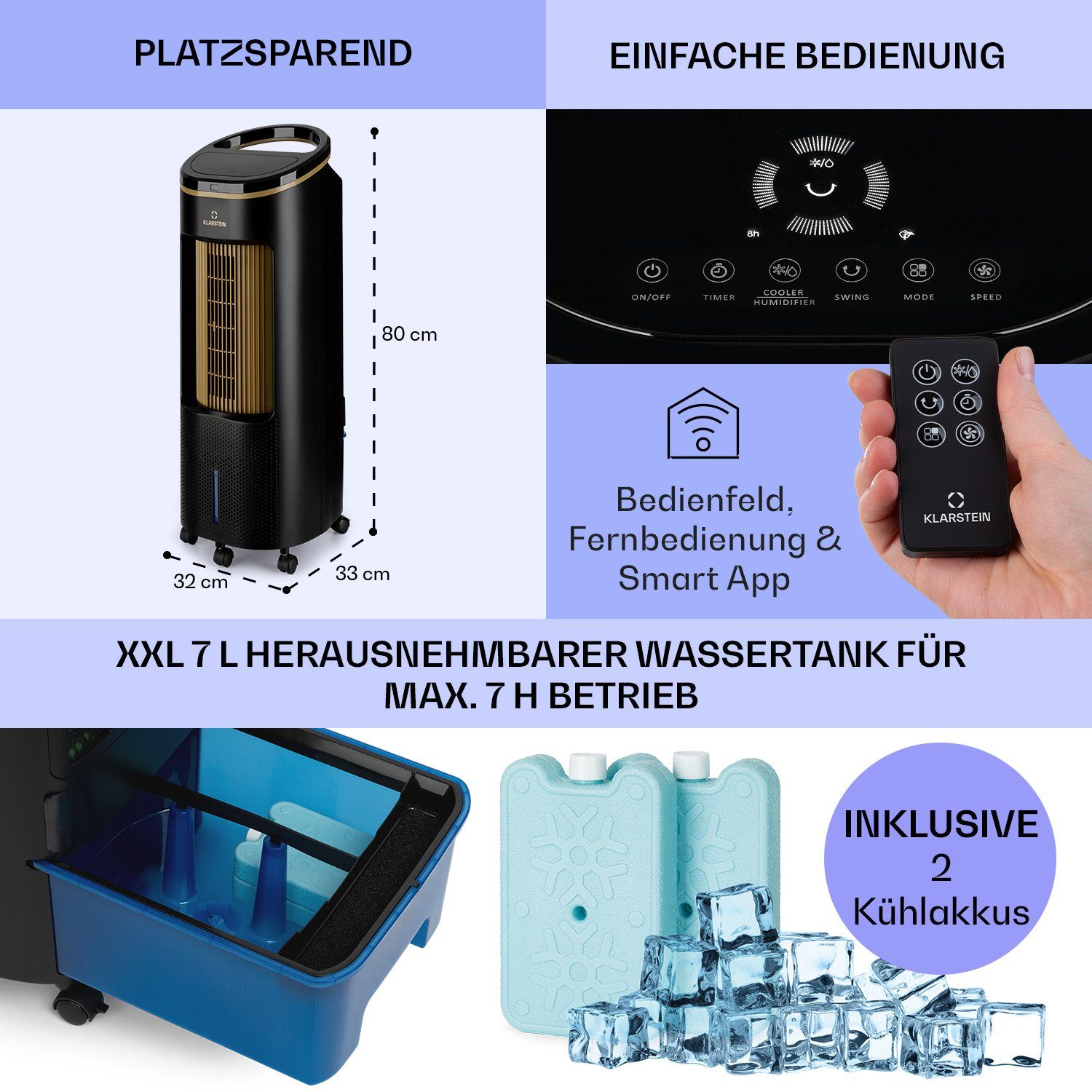 Klarstein Ventilatorkombigerät IceWind Plus 4-in-1 Smart Wasserkühlung mobil Abluftschlauch Luftkühler, & Eis mit ohne Klimagerät