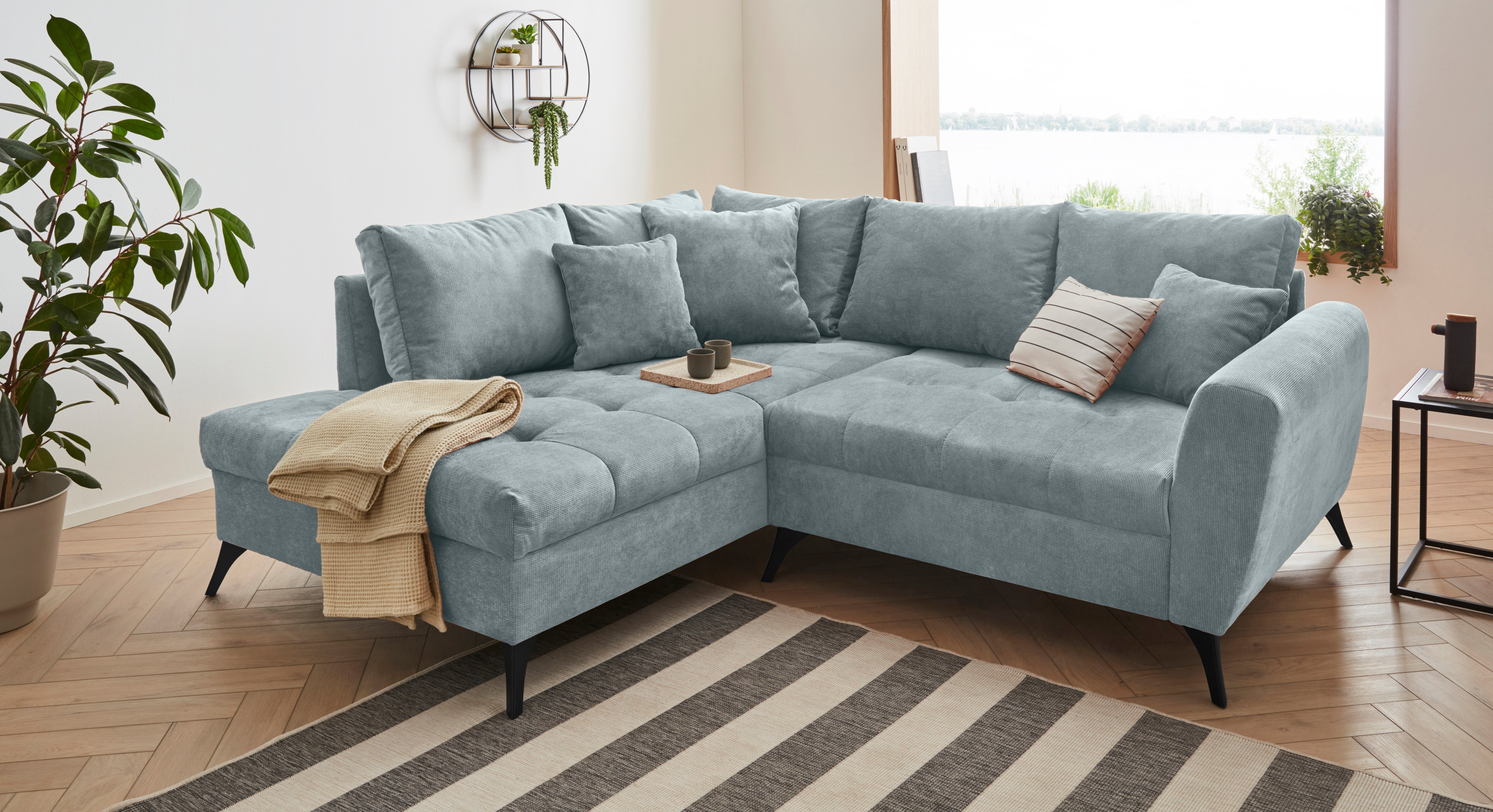 INOSIGN Ecksofa Lörby, auch mit Kissen Steppung lose feine Aqua Sitzbereich, clean-Bezug, im