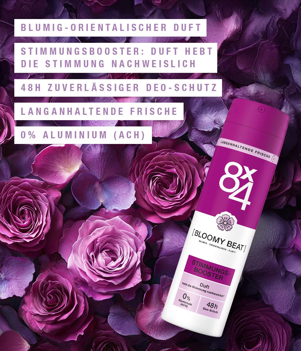 8x4 Deo-Spray Spray Bloomy Beat 6x150ml Blumig-orientalischer Duft 48h Schutz, 6-tlg., 48h zuverlässiger Deoschutz