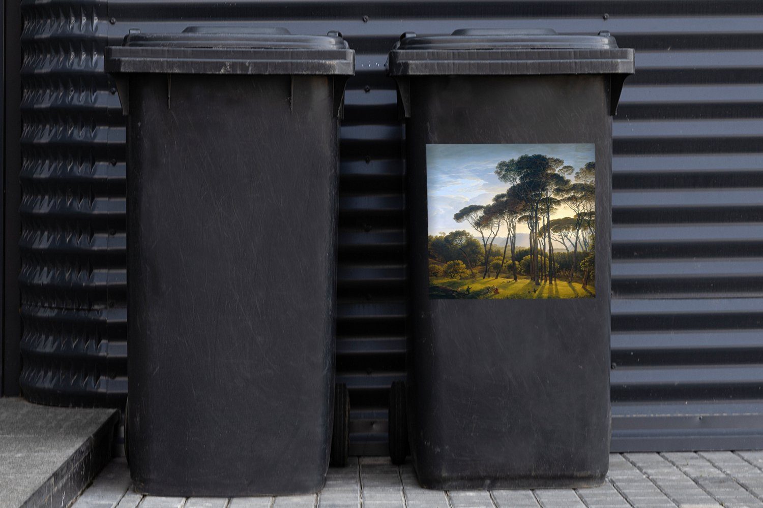 MuchoWow Wandsticker Italienische mit Container, Alte Mülltonne, Kunst Landschaft - St), Mülleimer-aufkleber, Sticker, Zirbelkiefer - (1 Abfalbehälter Meister