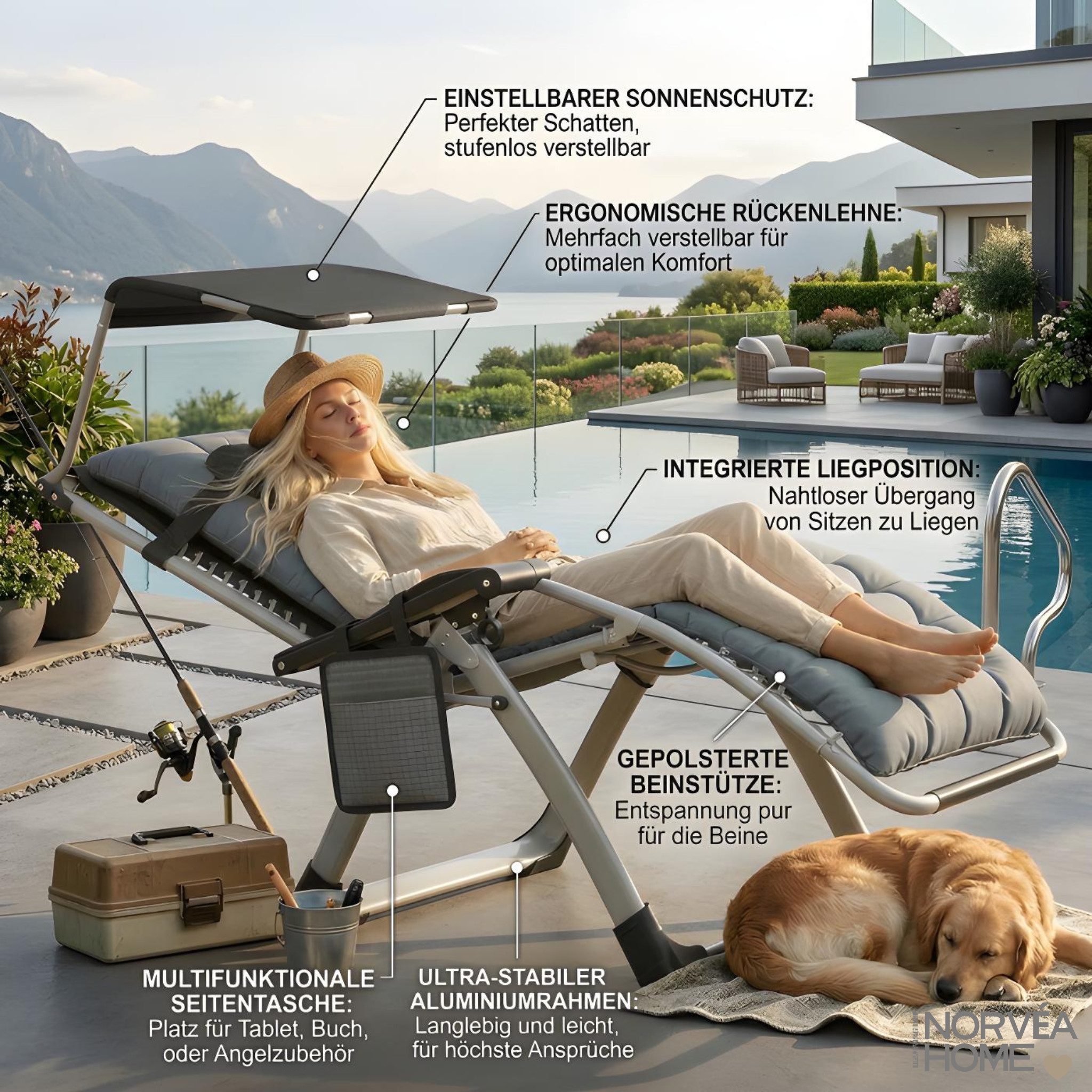 Norvéa Home Relaxliege Relaxliege Gartenliege klappbar mit Sonnendach Polster 150 kg, Einzelartikel, 6-fach verstellbar, klappbar, mit Auflage und Kopfkissen