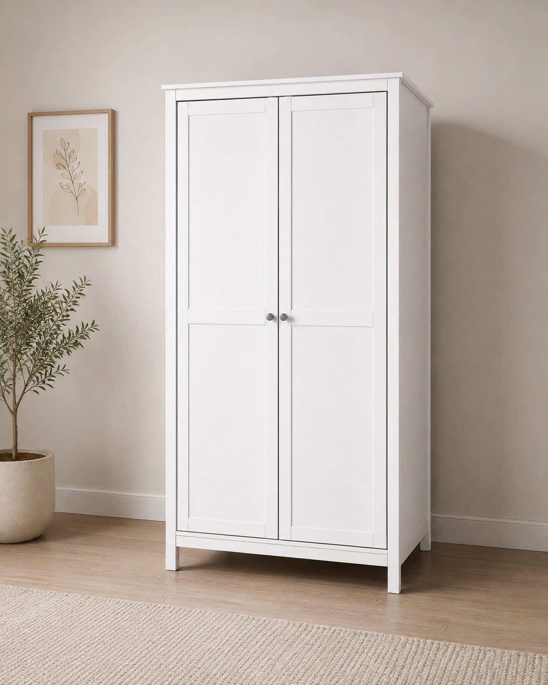 Inter Link Kleiderschrank Pinora, 2 Türen, Kiefer Massivholz Weiss, Silberne Metallgriffe (1-St) Inkl. Kleiderstange & Einlegeboden, Skandi Look, 106 x 60 x 210 cm