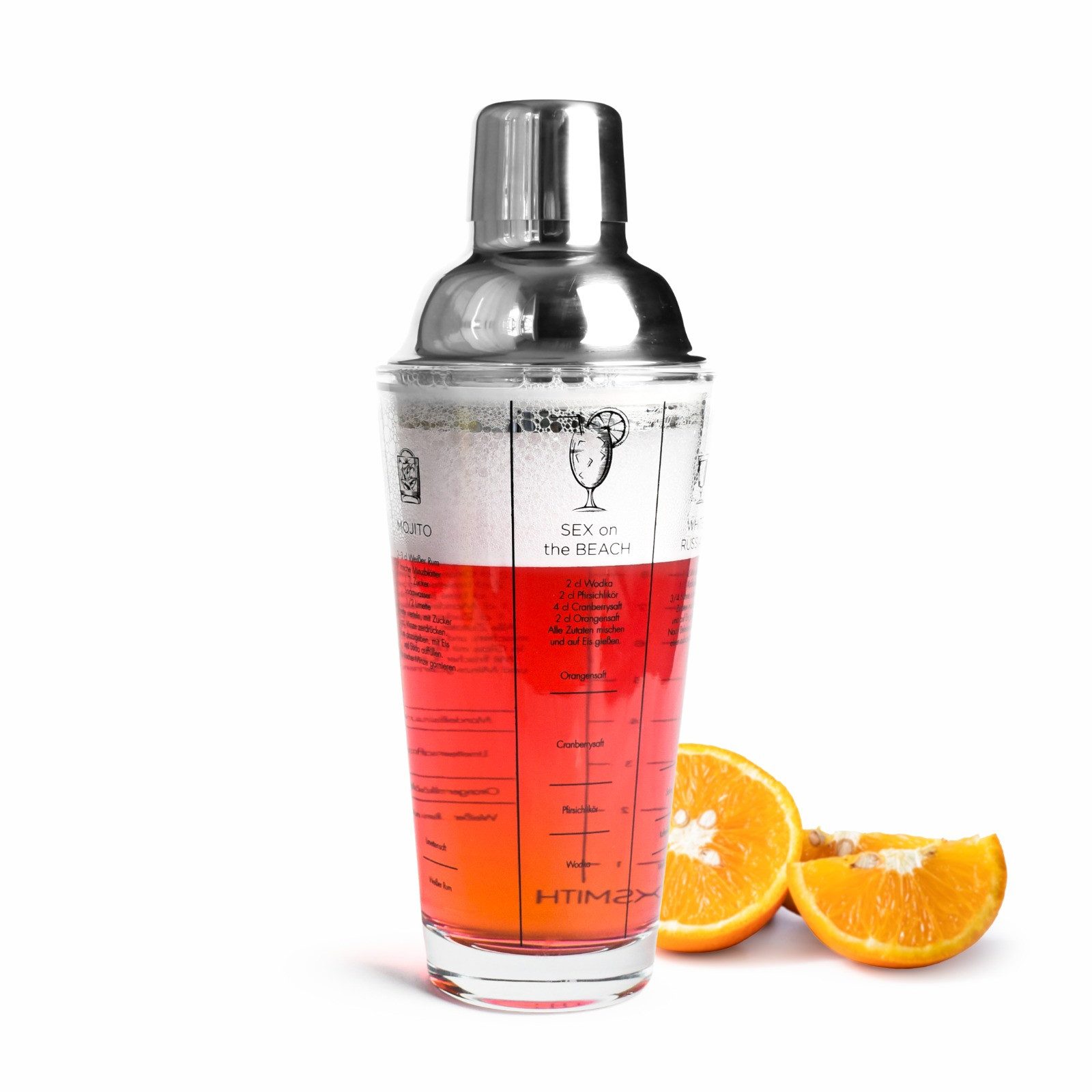 Sendez Cocktail Shaker 400ml mit 6 deutschen Rezepten, Messskala & Edelstahl-Deckel mit Sieb, Glas