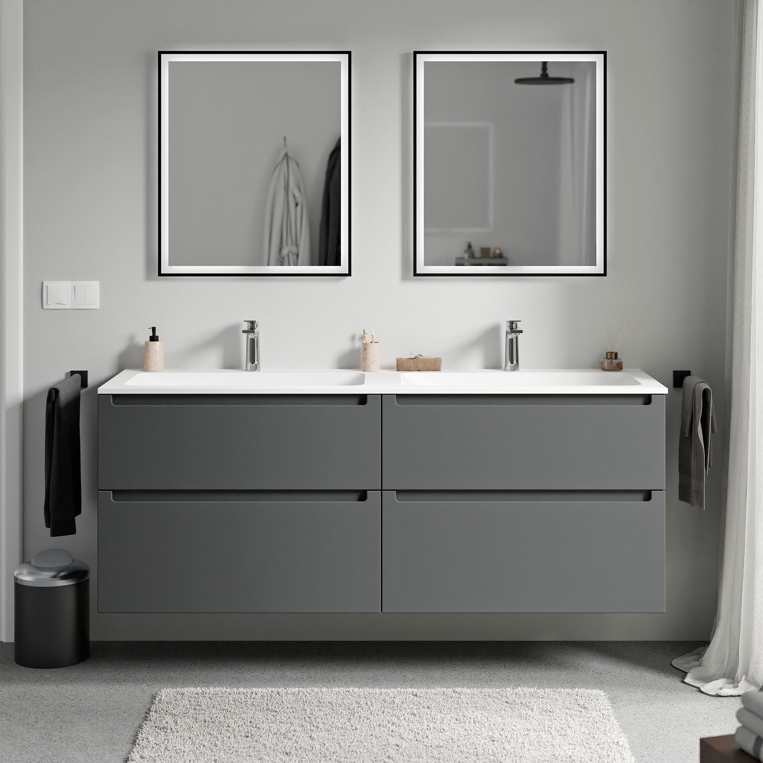 Bernstein Waschbeckenunterschrank VIREO 160cm Anthrazit matt CREAM Weiß matt Waschtischunterschrank mit Doppelwaschbecken 4 Schubladen