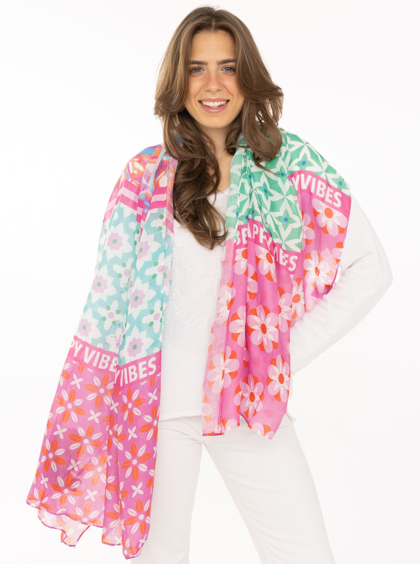 Zwillingsherz Schal "Flower Block", Florales Muster mit Schriftzug, transparent