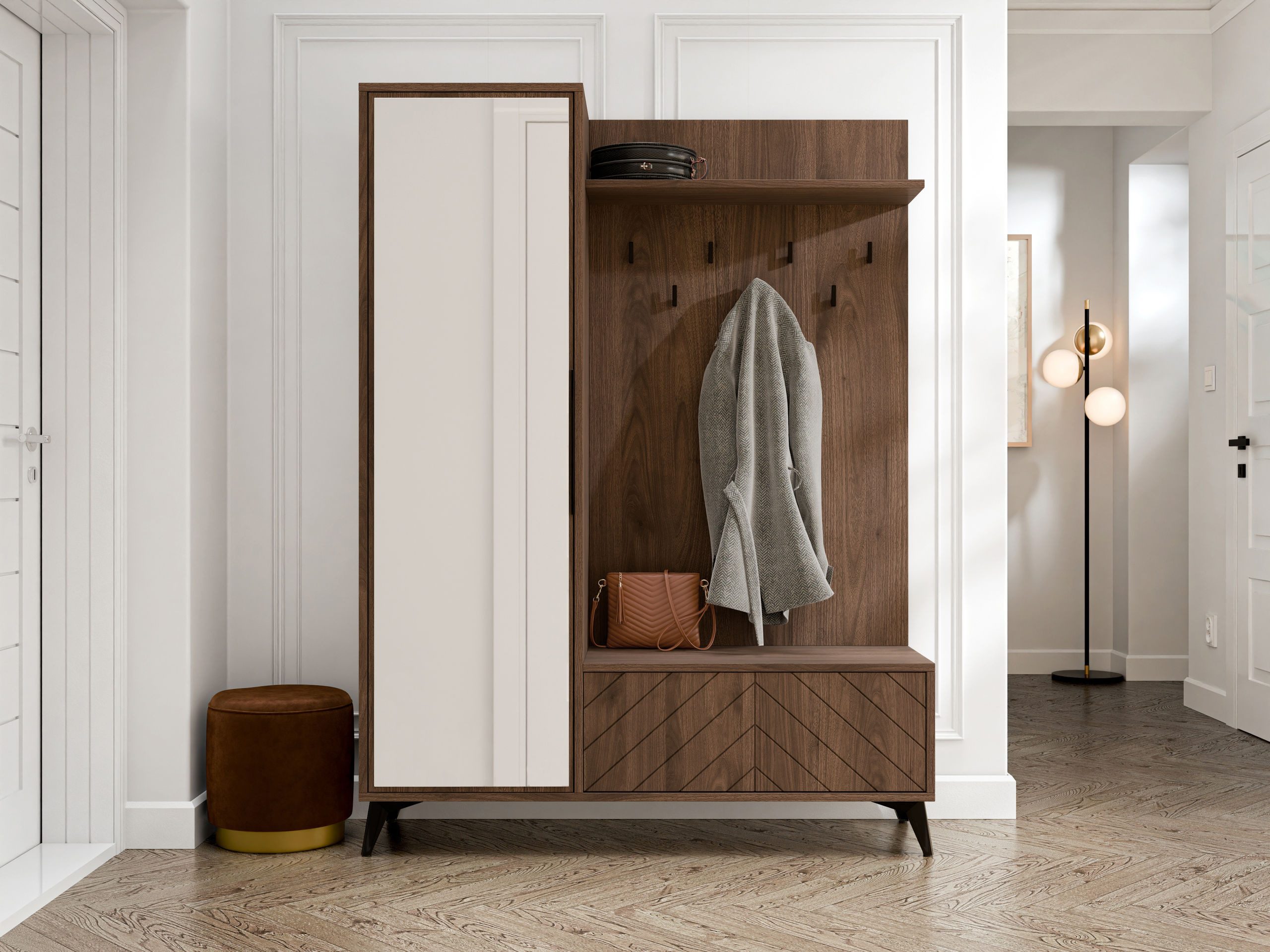 MIRJAN24 Garderoben-Set Xylix Bis 1D1K, (mit Drehtür und Klappe), 134x40x180 cm, Frontspiegel