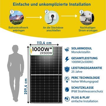 Stegpearl Solaranlage 1000W Balkonkraftwerke 1000W/800W (2x500W) Photovoltaik Mini-PV Anlage, 1000,00 W, Monokristallin, (Komplettset Plug & Play Einrichtung mit Hoymiles 800W WLAN upgradefähiger Wechselrichter drosselbar auf 800W/600W und 10m Kabel)