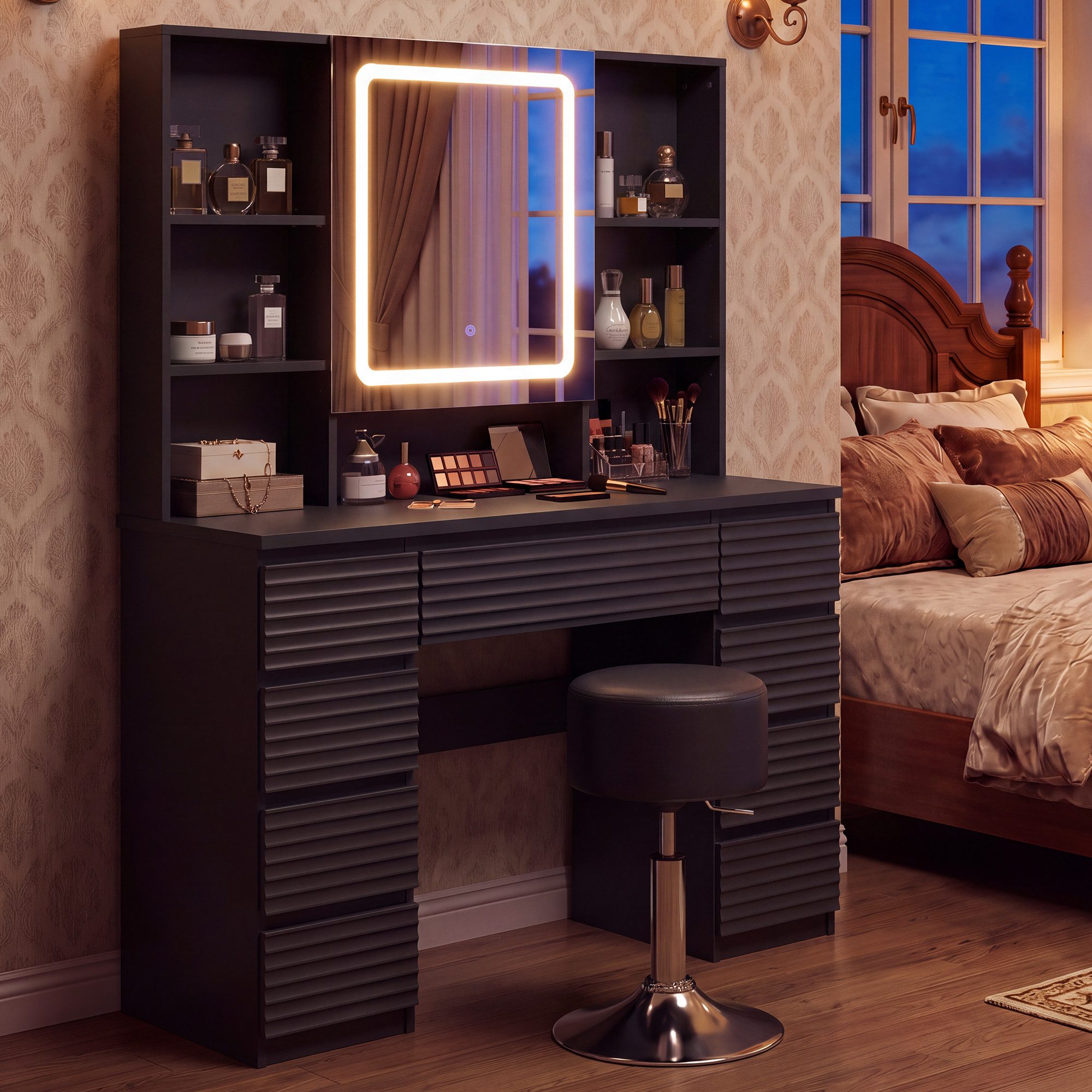 HOMALL Schminktisch LED-Schminkspiegel, schwarz-weißer Schminktisch und Hocker im Set (Kombination aus 9 Schubladen, 7 offenen Fächern und Stauraum hinter dem Spiegel, Maße: 108 x 40 x 146 cm, mit 2 Steckdosen, 1 USB-Anschluss und 1 Typ-C-Anschluss sowie einer Halterung für den Föhn, wahlweise in Weiß, Schwarz oder als Set mit Hocker erhältlich)