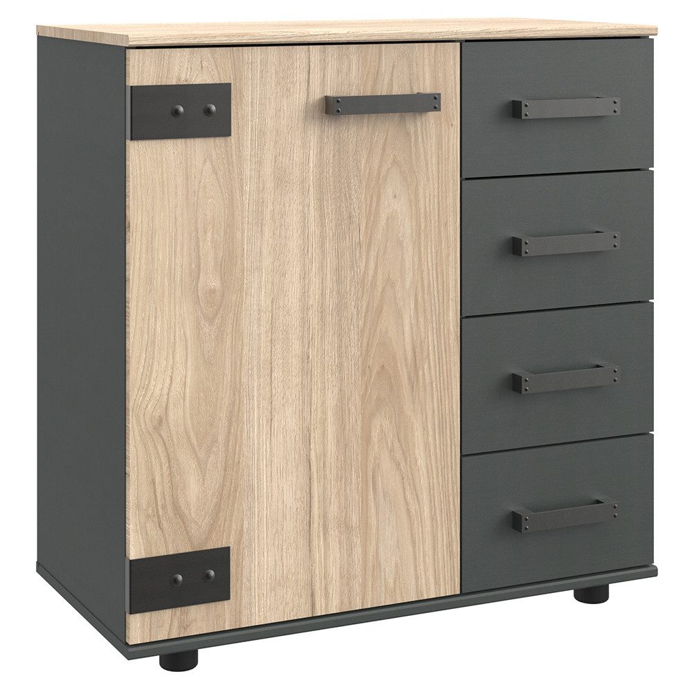 Lomadox Kommode MONTELLA-43, 81 cm breit mit 1 Tür & 4 Schubladen, Holzdekor mit graphit