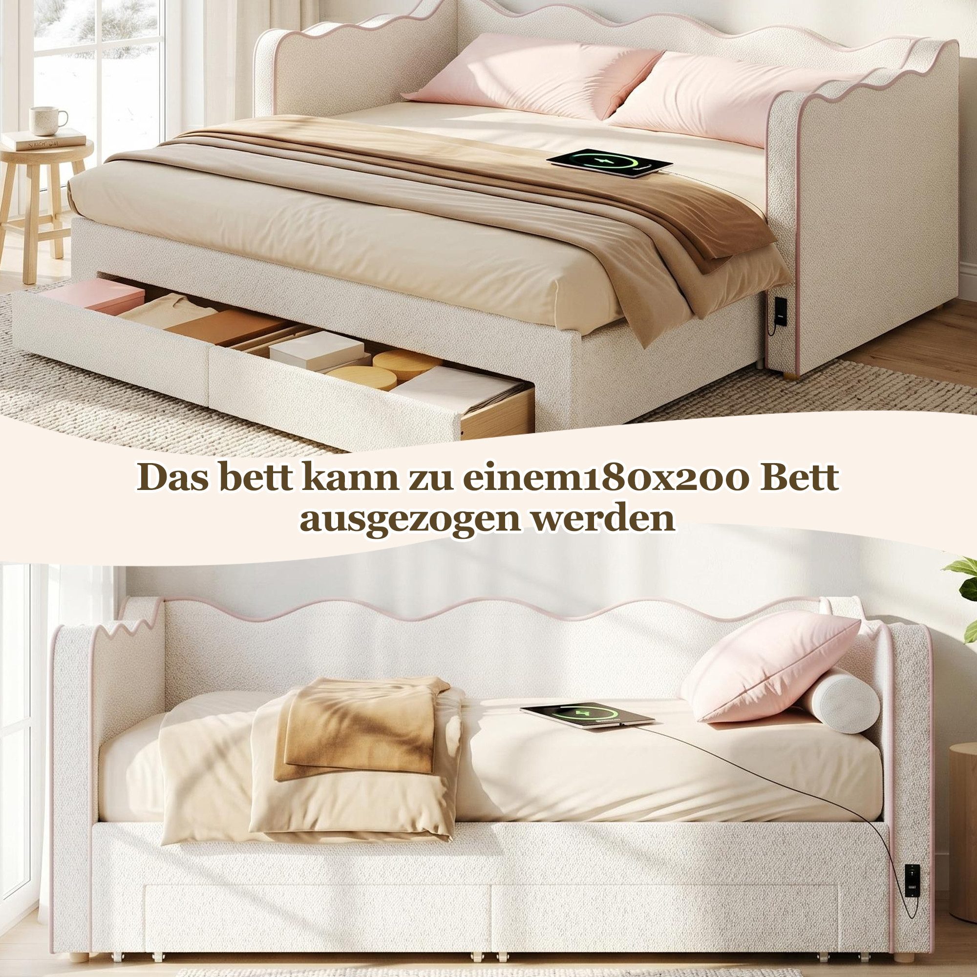 Flieks Daybett, Polsterbett 90/180x200cm mit Schubladen & Ausziehbett & USB-Anschluss