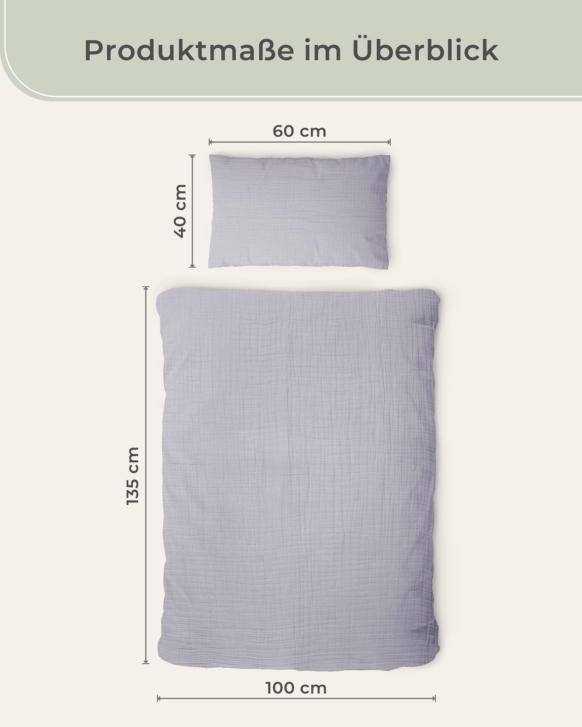 Laynenburg Kinderbettwäsche Musselin 2 teilig aus 100% Baumwolle in 100x135 cm + 40x60 cm, atmungsaktiv & bügelfrei – 3 lagig mit Reißverschluss & Haltebändern