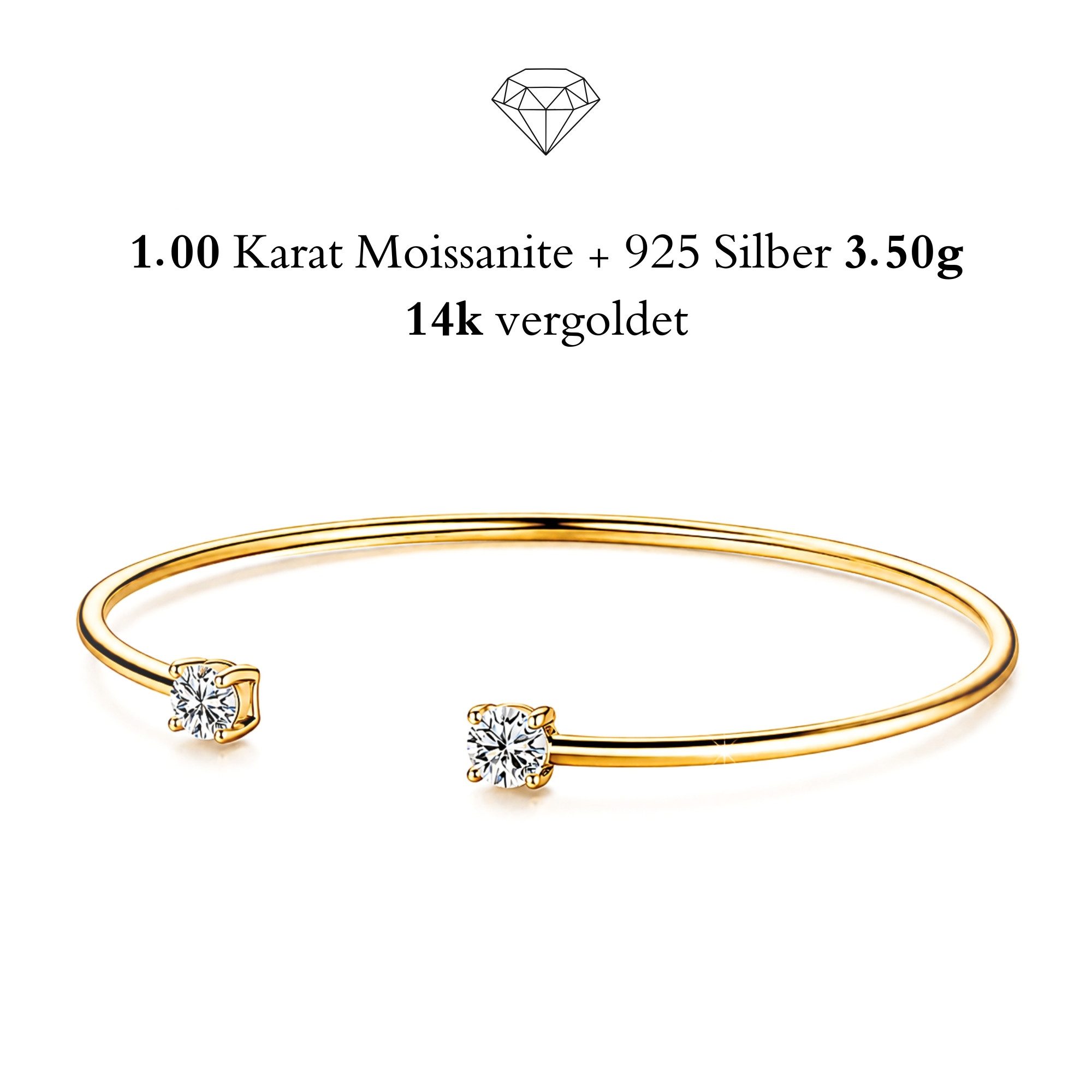 UNIQAL.de Armreif 925 Silber 1,00 Karat mit Diamant Moissanit - LUMINA (Offener Armreif mit 2 Moissanit Solitär Steinen in Diamantoptik, 925 Sterling Silber weißgold oder 14K gold veredelt, inkl. Luxuriöse Schmuck Geschenkbox), Moissanit VVS1 Reinheit, GRA-Zertifikat, Armkette Geschenk für Damen