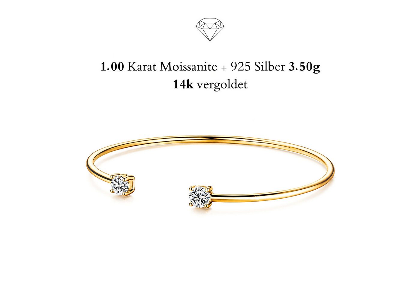 UNIQAL.de Armreif 925 Silber 1,00 Karat mit Diamant Moissanit - LUMINA (Offener Armreif mit 2 Moissanit Solitär Steinen in Diamantoptik, 925 Sterling Silber weißgold oder 14K gold veredelt, inkl. Luxuriöse Schmuck Geschenkbox), Moissanit VVS1 Reinheit, GR
