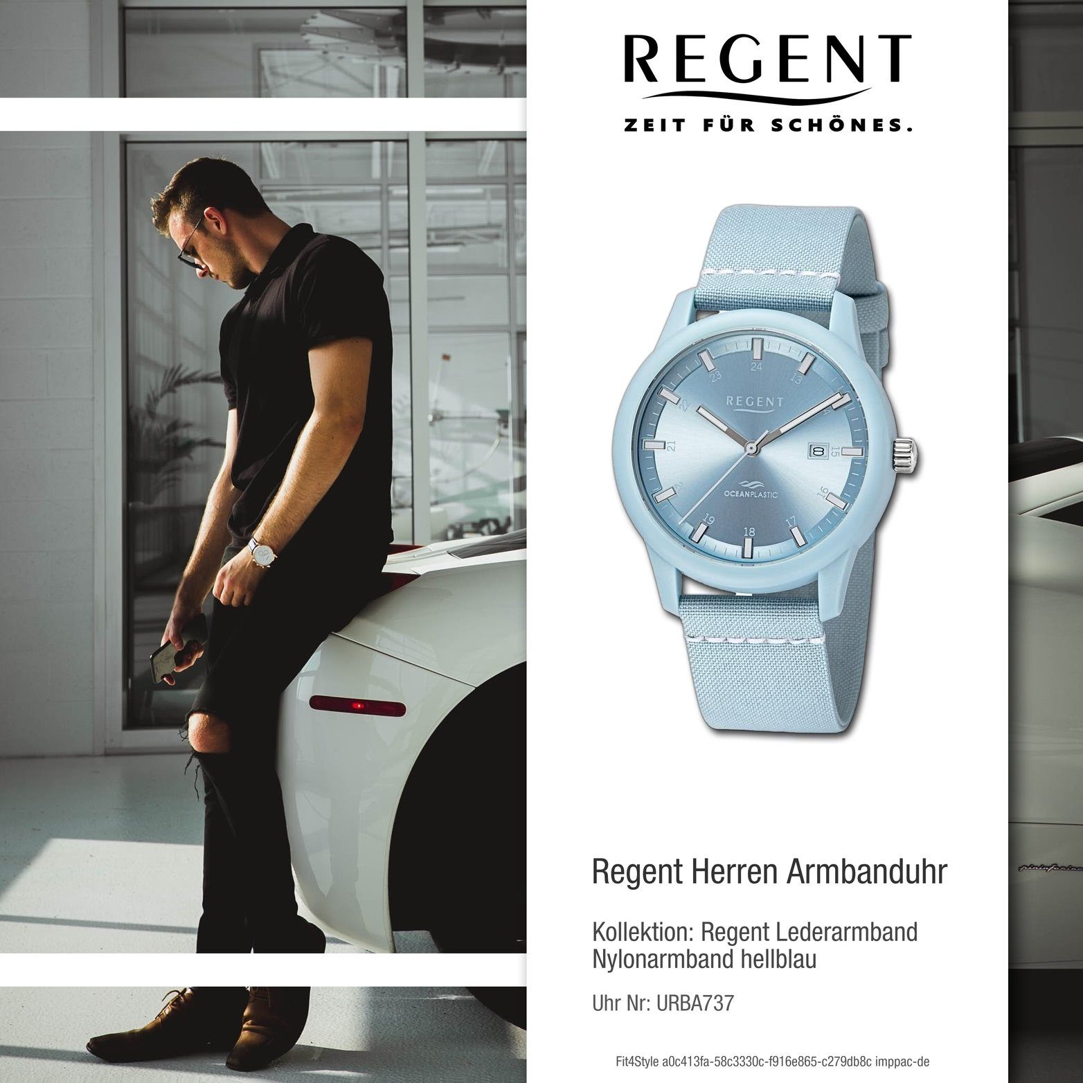 Regent Quarzuhr Regent Herren groß Armbanduhr Nylonarmband hellblau, Herrenuhr (ca. Gehäuse, 40mm) Analog, weiß, rundes