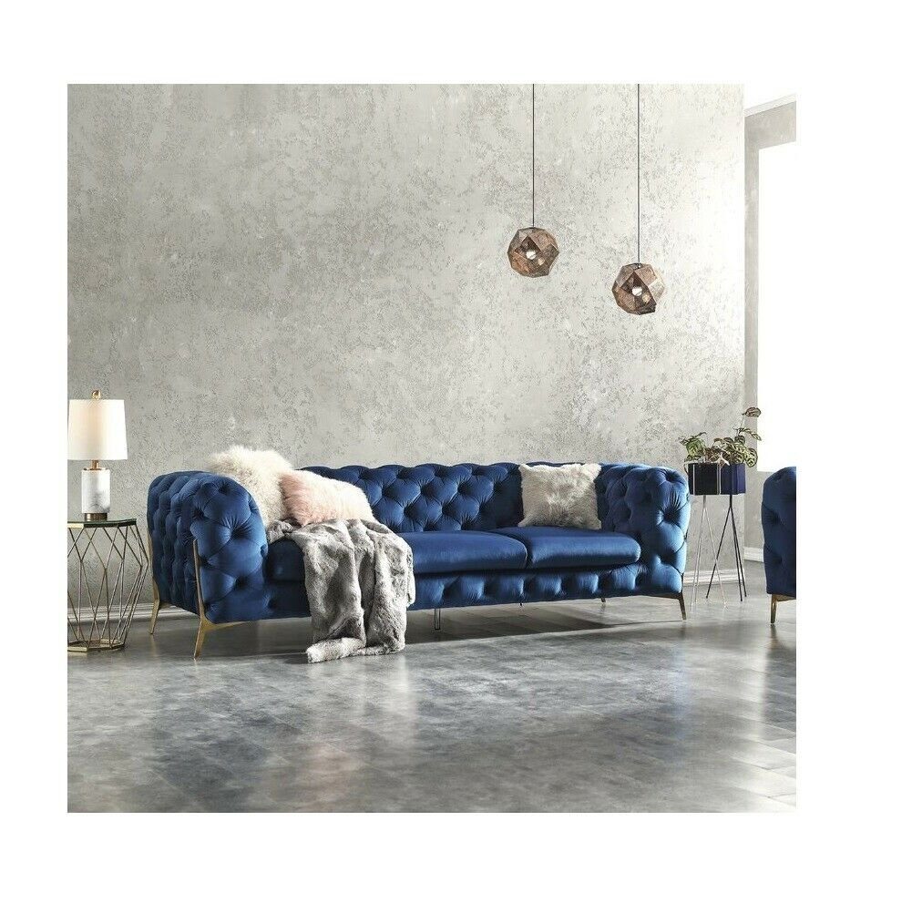 JVmoebel Sofa Moderne Blaue Chesterfield Sofagarnitur Textil Möbel 3+2+1 Sitzer, Made in Europe