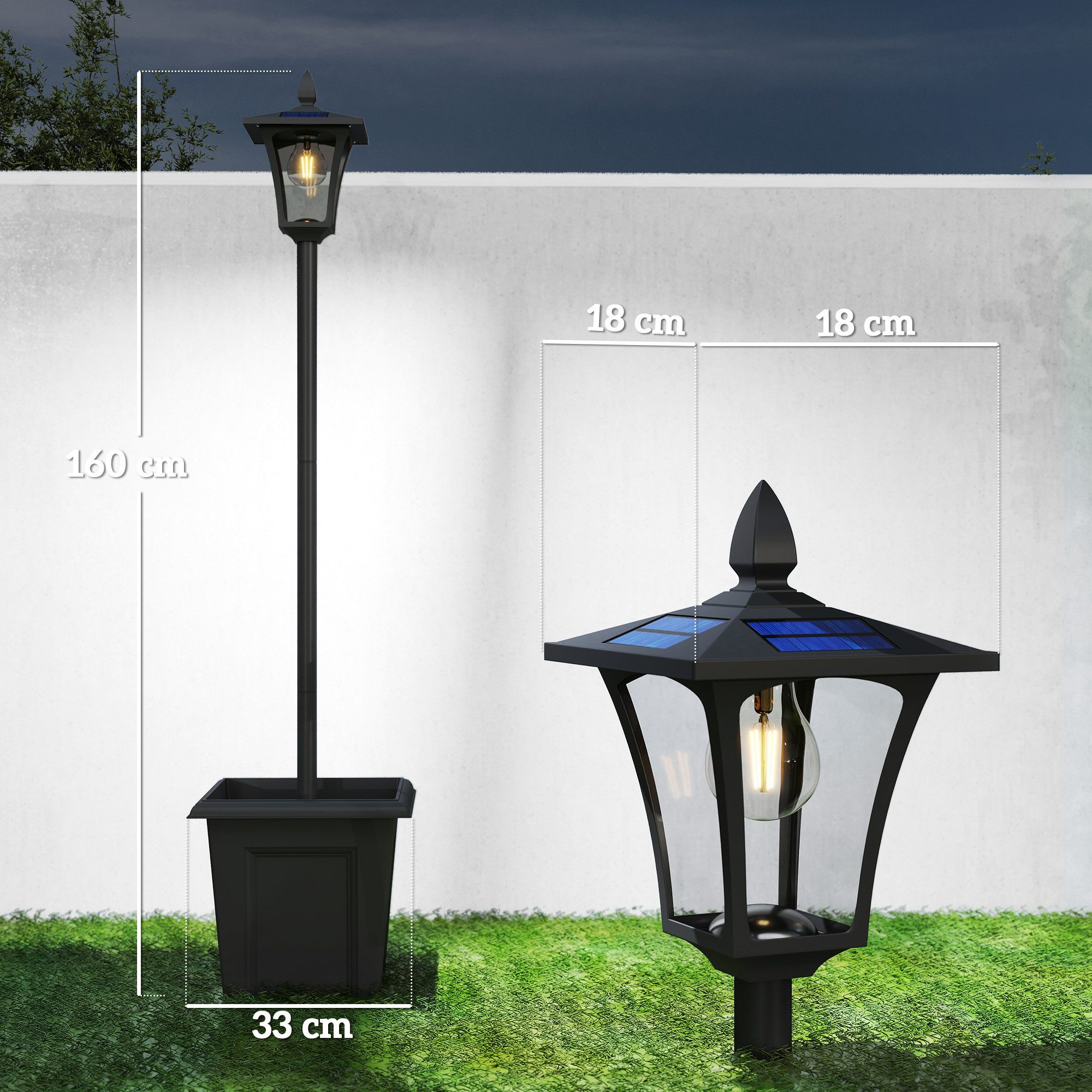Outsunny Außen-Stehlampe Wetterfeste Wegleuchte mit LED, 10 Std. Beleuchtung, Automatische Dämmerungserkennung, LED wechselbar, Warmweiß, für Außen, 33 x 33 x 160 cm, Schwarz