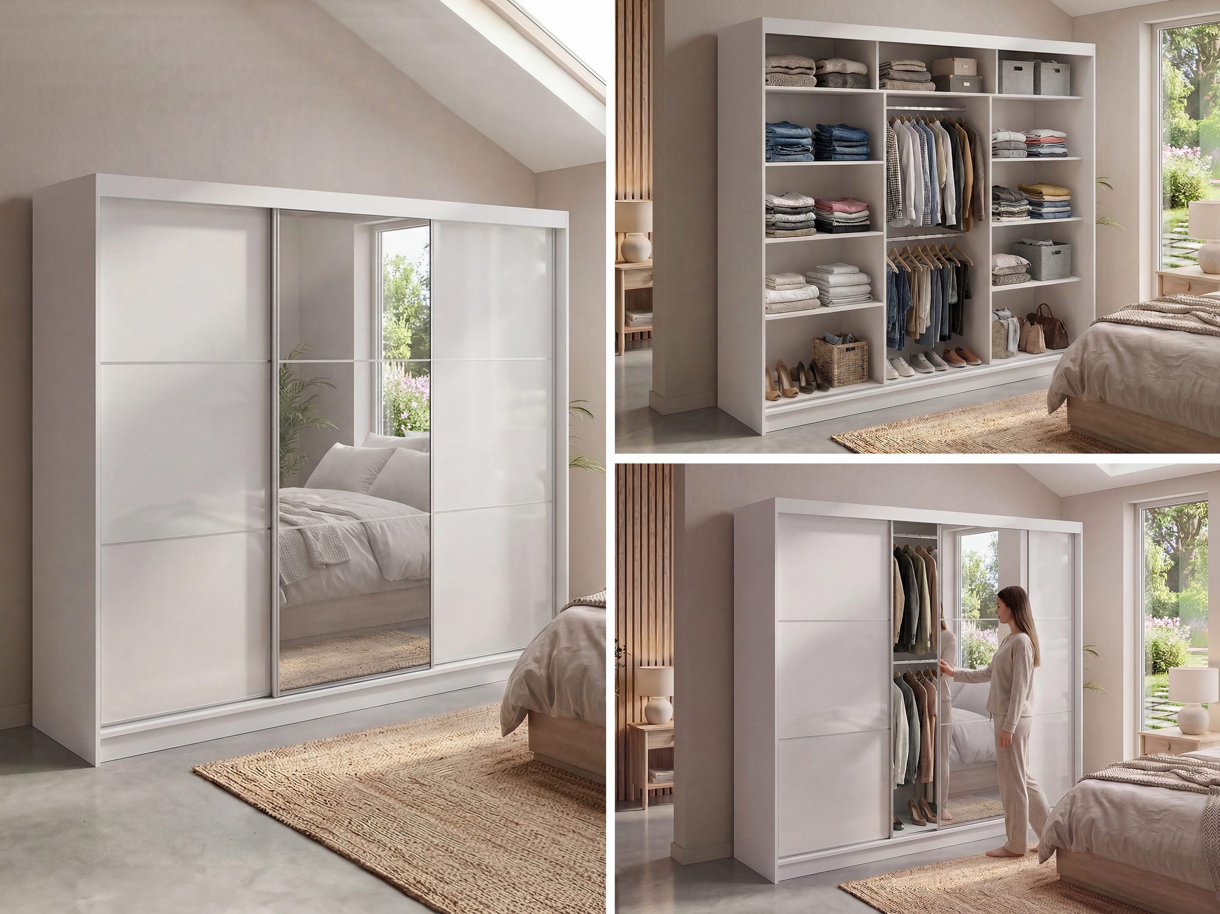 MKS MÖBEL Schiebetürenschrank WALENCJA 240 (Schwebetürenschrank mit Spiegel und Lacobel, Wäscheschrank) Schlafzimmerschrank mit/ohne Schubladen, 216 cm hoch, 61 cm tiefe