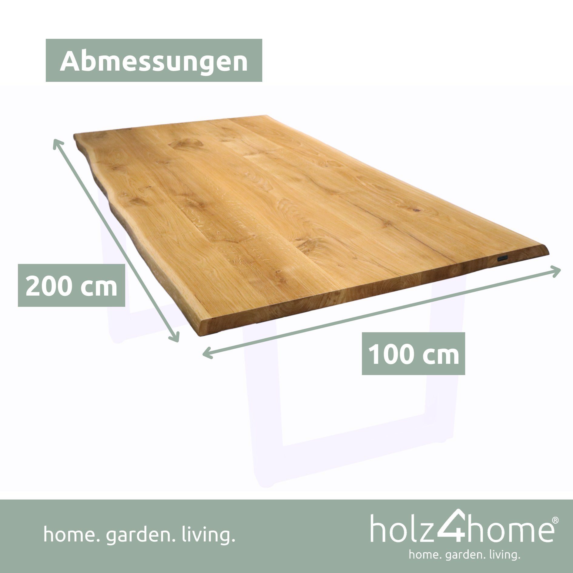 holz4home Esstischplatte Tischplatte 200cm massiver mit 100cm aus x Eiche Baumkante