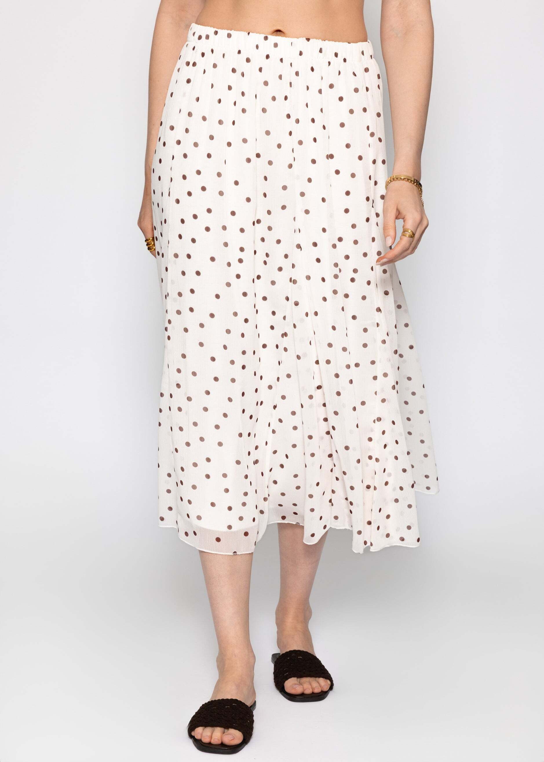 SASSYCLASSY Midirock Langer Chiffon Rock mit Punktemuster Damen Leicht transparenter Midi Rock mit elastischem Bund Offwhite