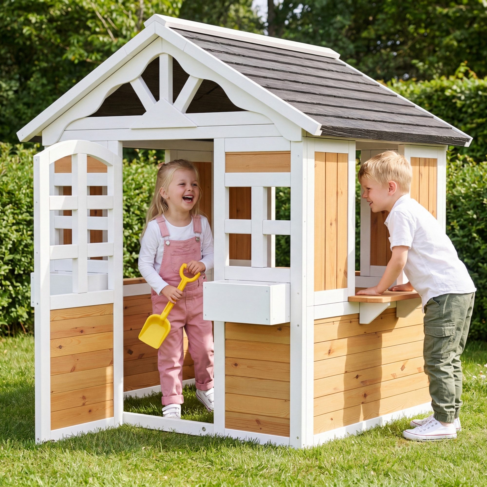 Flieks Spielhaus, Garten Kinderspielhaus mit Türen und Fenstern, 113 x 100 x 132 cm