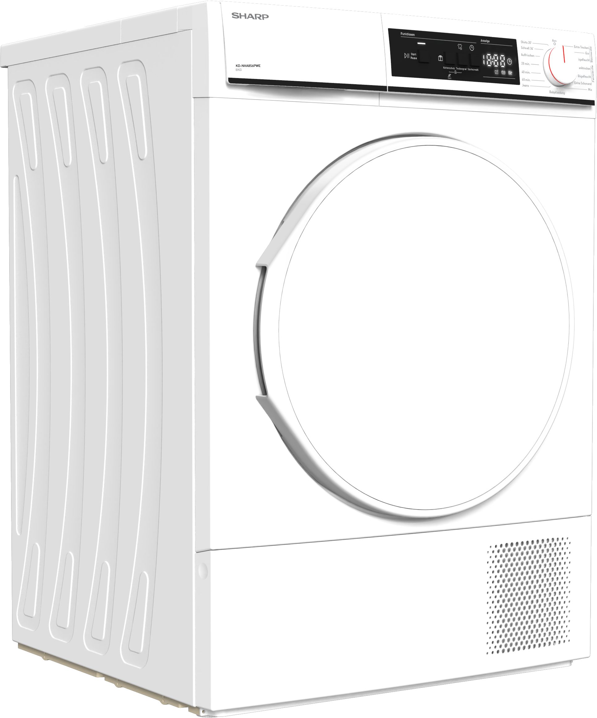Sharp Wärmepumpentrockner KD-NHA8S6PWE-DE, 8kg / EEK E / 3 Tasten / Plastik-Tür / Weiß