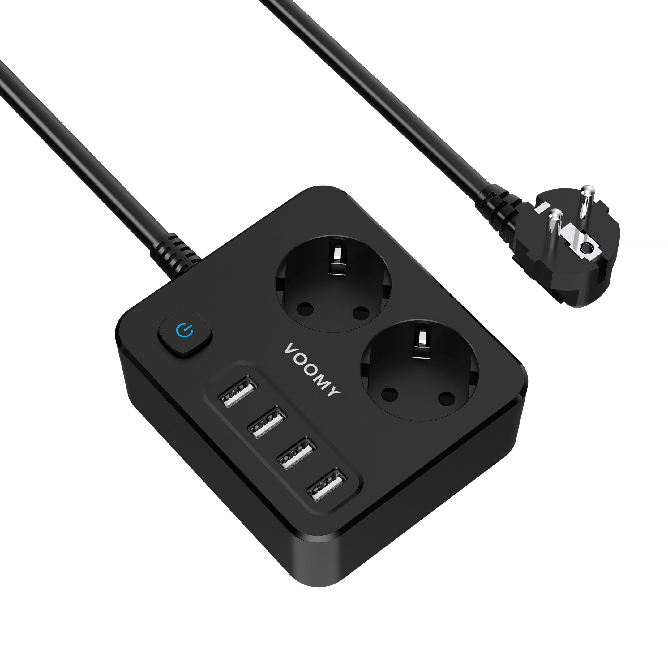 Voomy Power S2 Mehrfachsteckdose (Flache, 4 USB-A, 2 AC, mit Überspannungsschutz, Kabellänge 2 m), 4000W mit Schalter