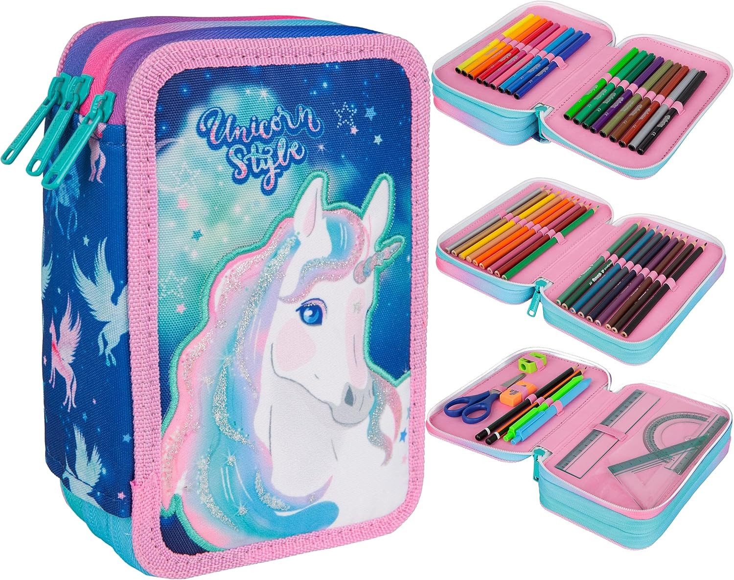 GOLDKIDS Federmäppchen 3-fache Federmappe Colorino Unicorn Einhorn Federmäppchen, (46-teilig gefüllte Schüleretui Stifte und Pinsel inkl., 1-tlg., Aufgabenheft Federbox Etui), Stiftetasche Schlamper-Etui Schul-Etui
