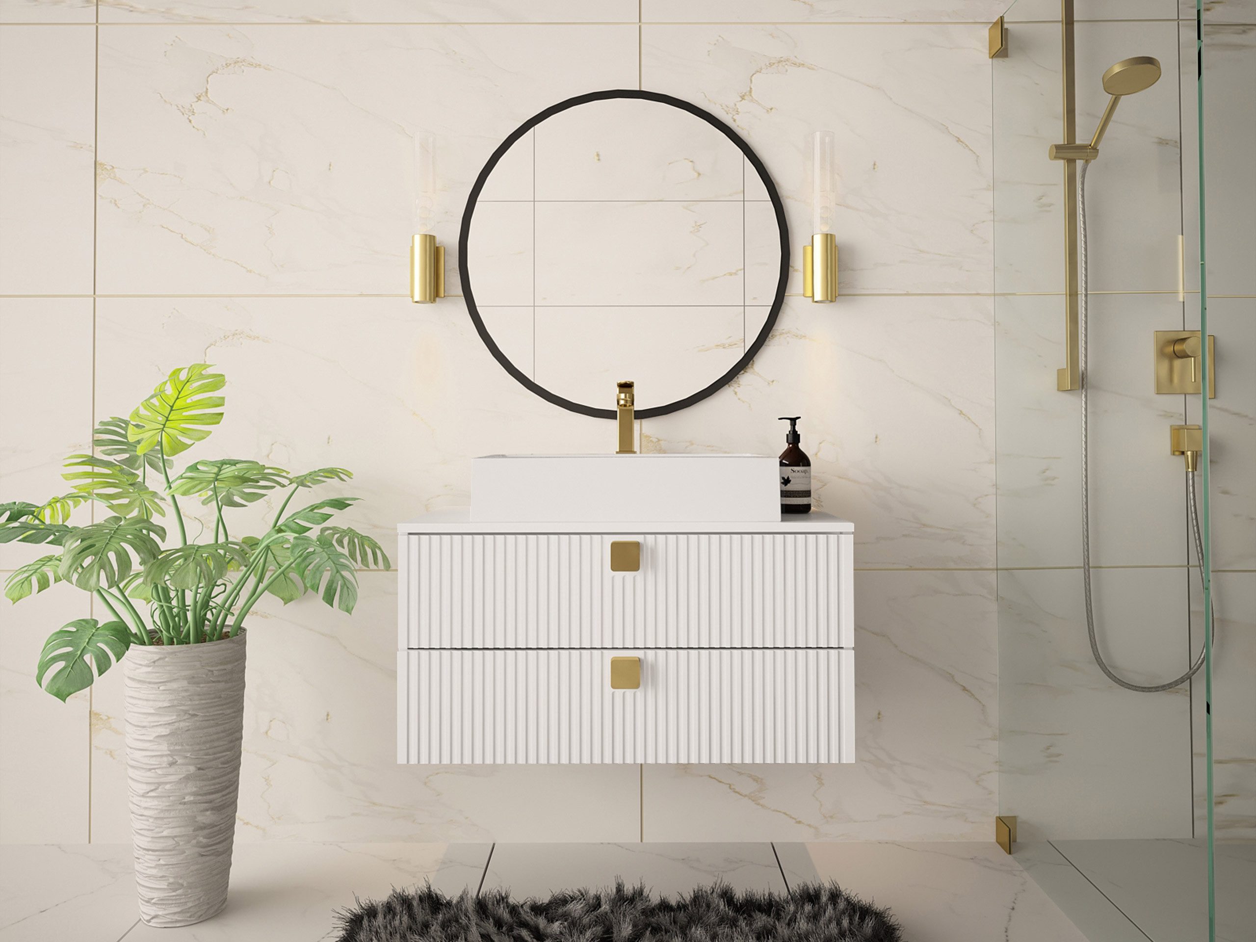 MIRJAN24 Waschbeckenschrank Gariano 01 (mit Siphon, Keramik Waschbecken) Griffe in der Farbe Gold