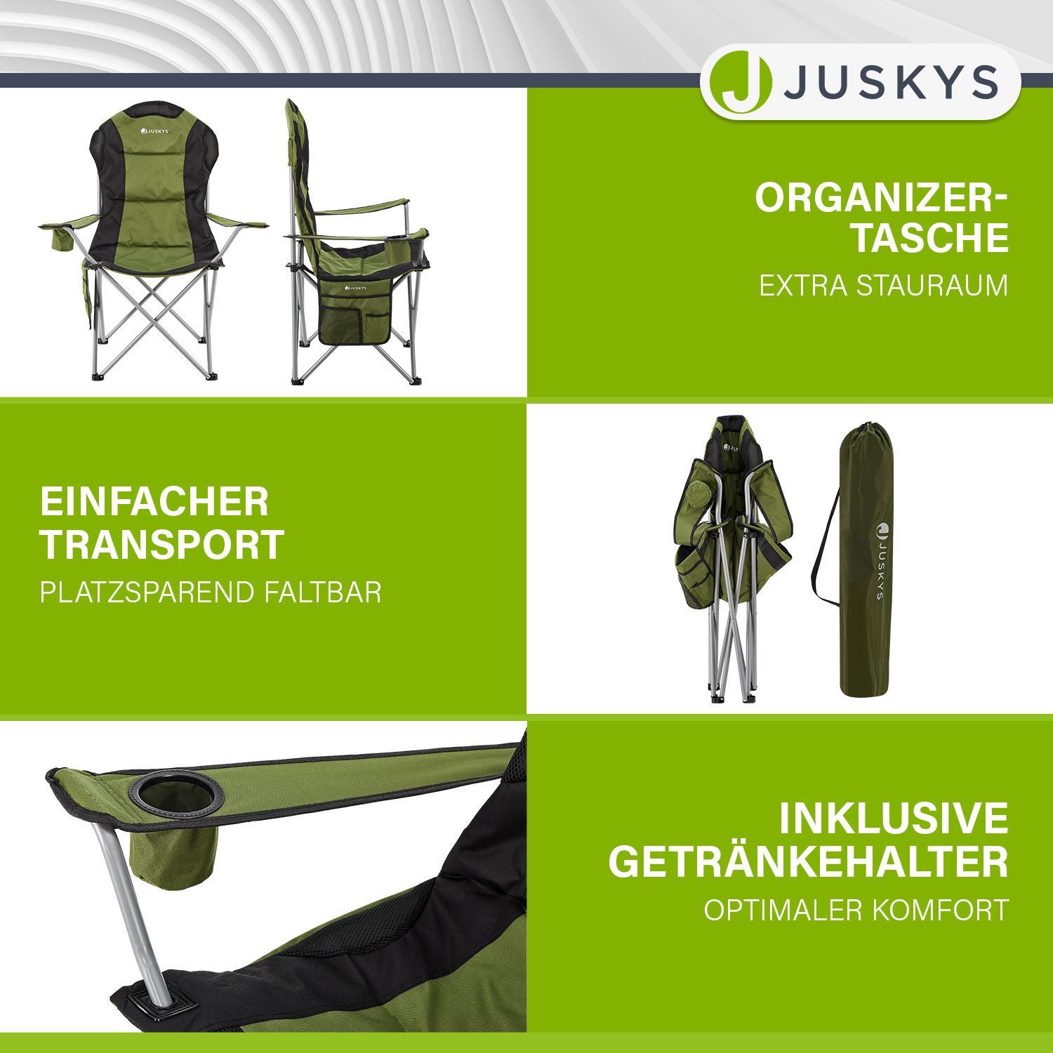 Juskys Campingstuhl Lido, leicht und stabil, bequeme Rückenlehne, mit Armlehnen