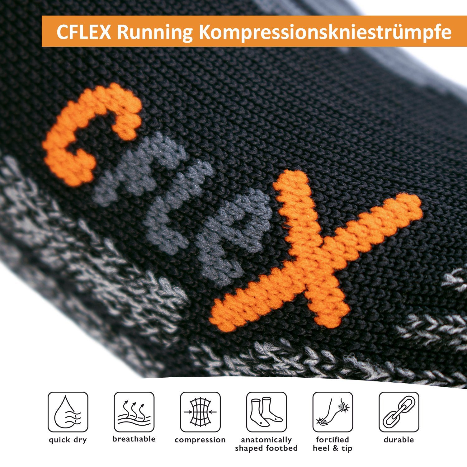 CFLEX Sportsocken Herren & Damen Running Kompressions Sport Kniestrümpfe (2 Paar)