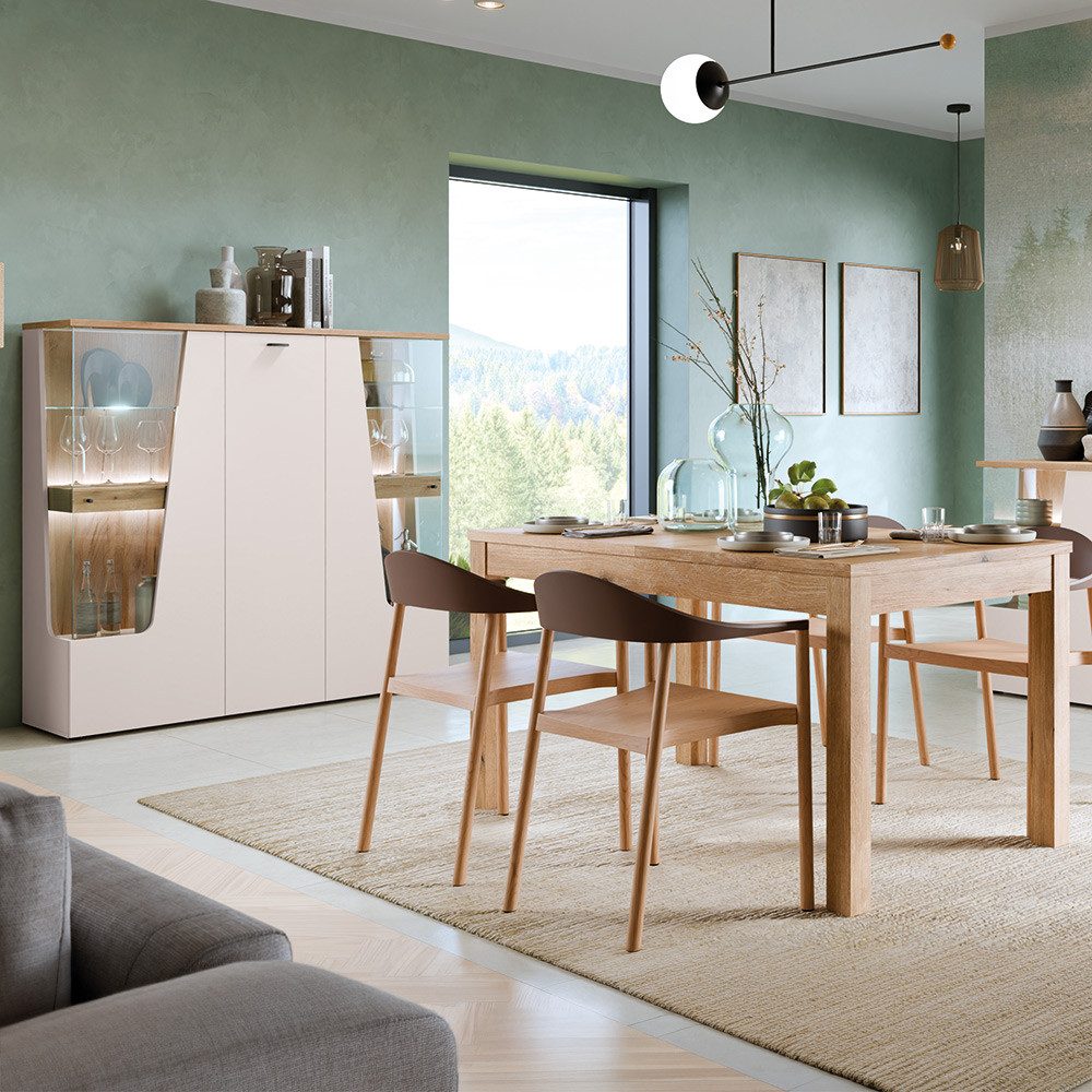 Lomadox Esszimmer-Set CARMONA-129, (Spar-Set, 2-St., Esstisch Highboard), in Kaschmir und Eiche, inkl. LED-Beleuchtung