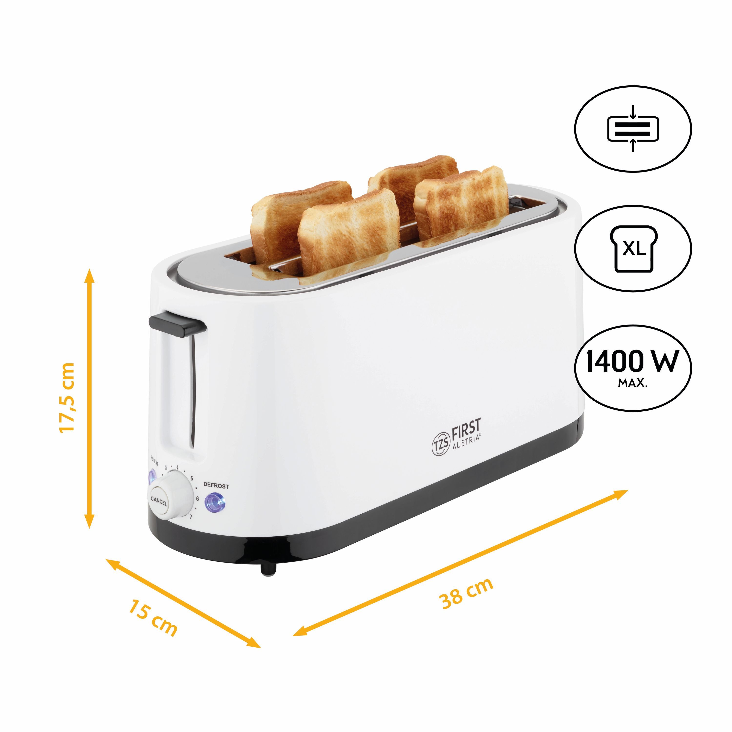 TZS FIRST AUSTRIA Toaster 4 Scheiben, Langschlitz, 1400W mit Krümelschublade, Brötchenaufsatz, für, 1400 W, Temperatureinstellung, Edelstahlgehäuse, Auftaufunktion