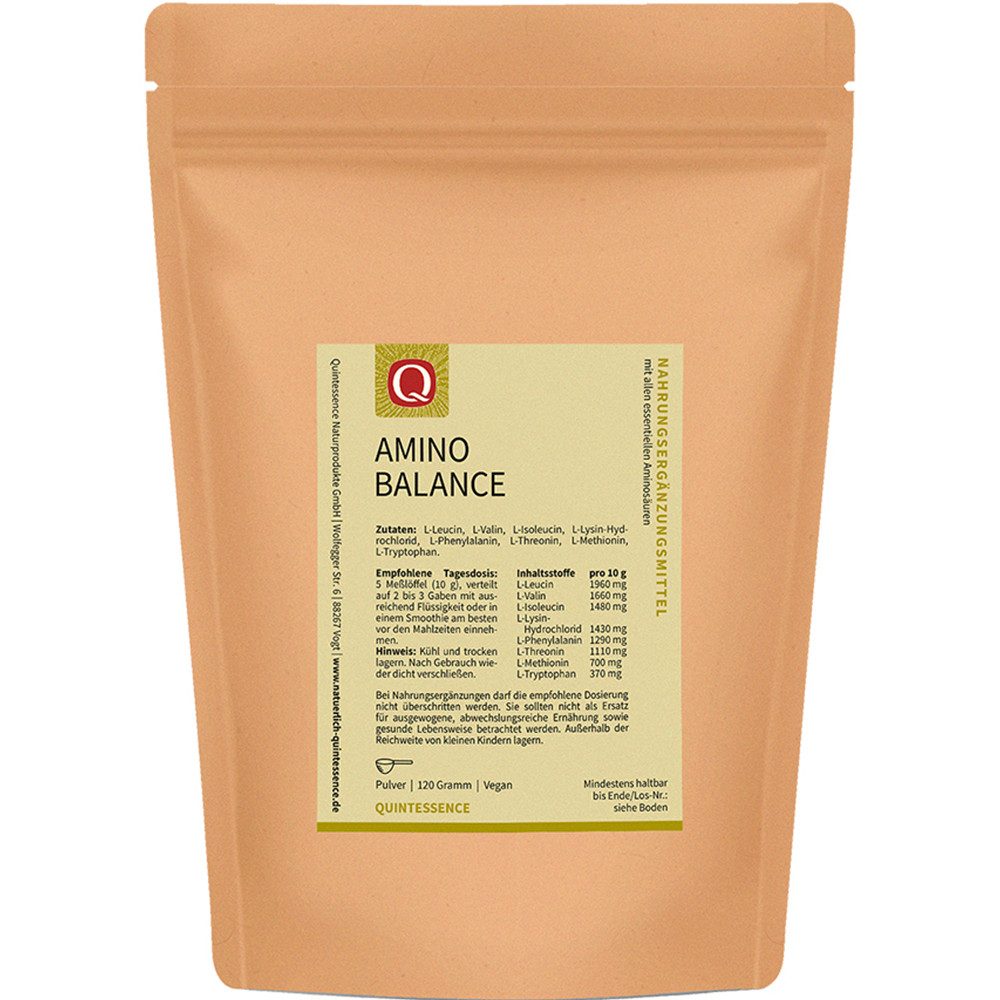 Quintessence Amino Balance – mit den acht essentiellen Aminosäuren -120 g veganes Pulver, 120 g, Hochwertige Premiumqualität - Bioverfügbarkeit 100% - Eiweißmangel