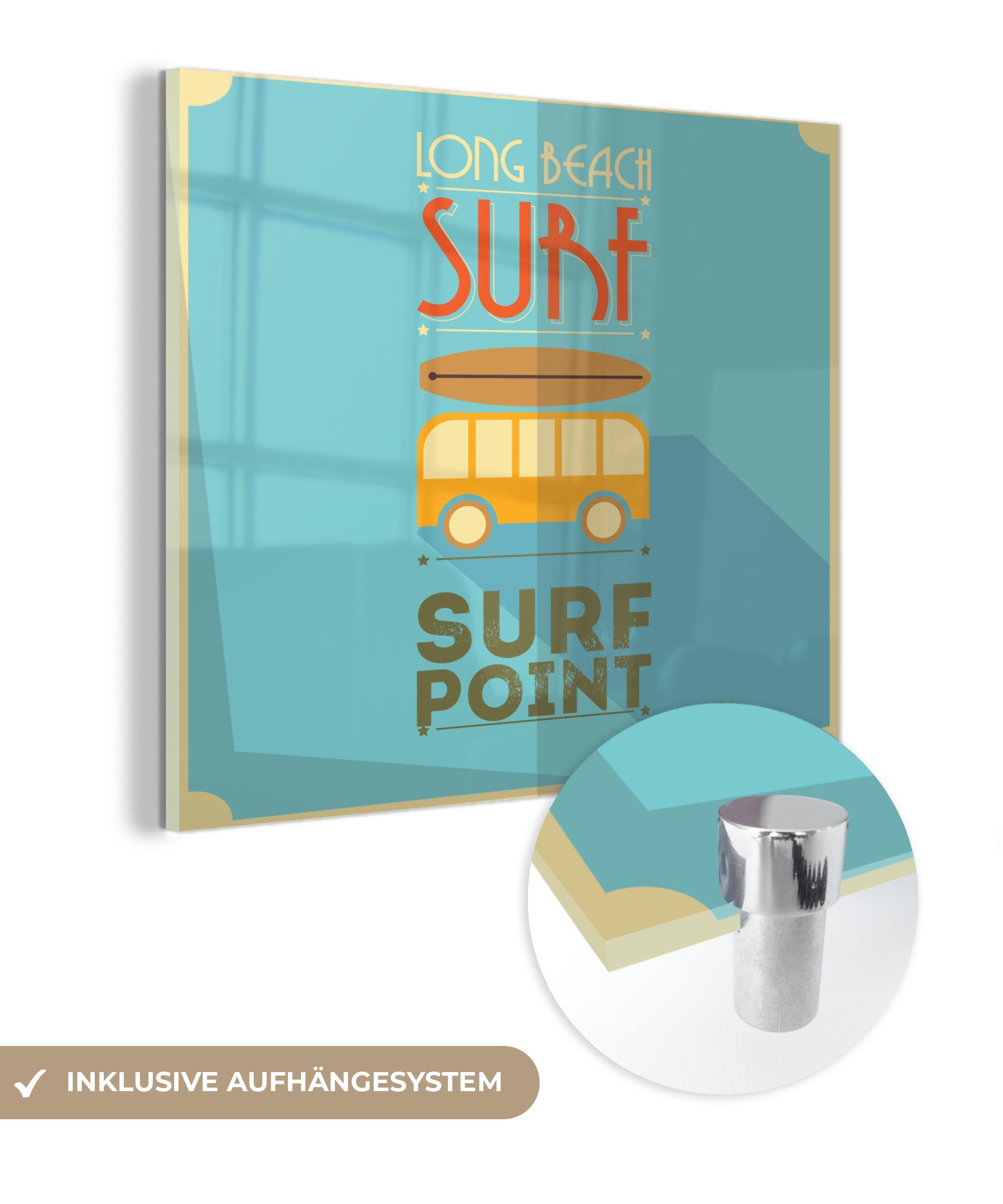 MuchoWow Acrylglasbild Illustration von "Surf Point" vor blauem Hintergrund, (1 St), Glasbilder - Bilder auf Glas Wandbild - Foto auf Glas - Wanddekoration