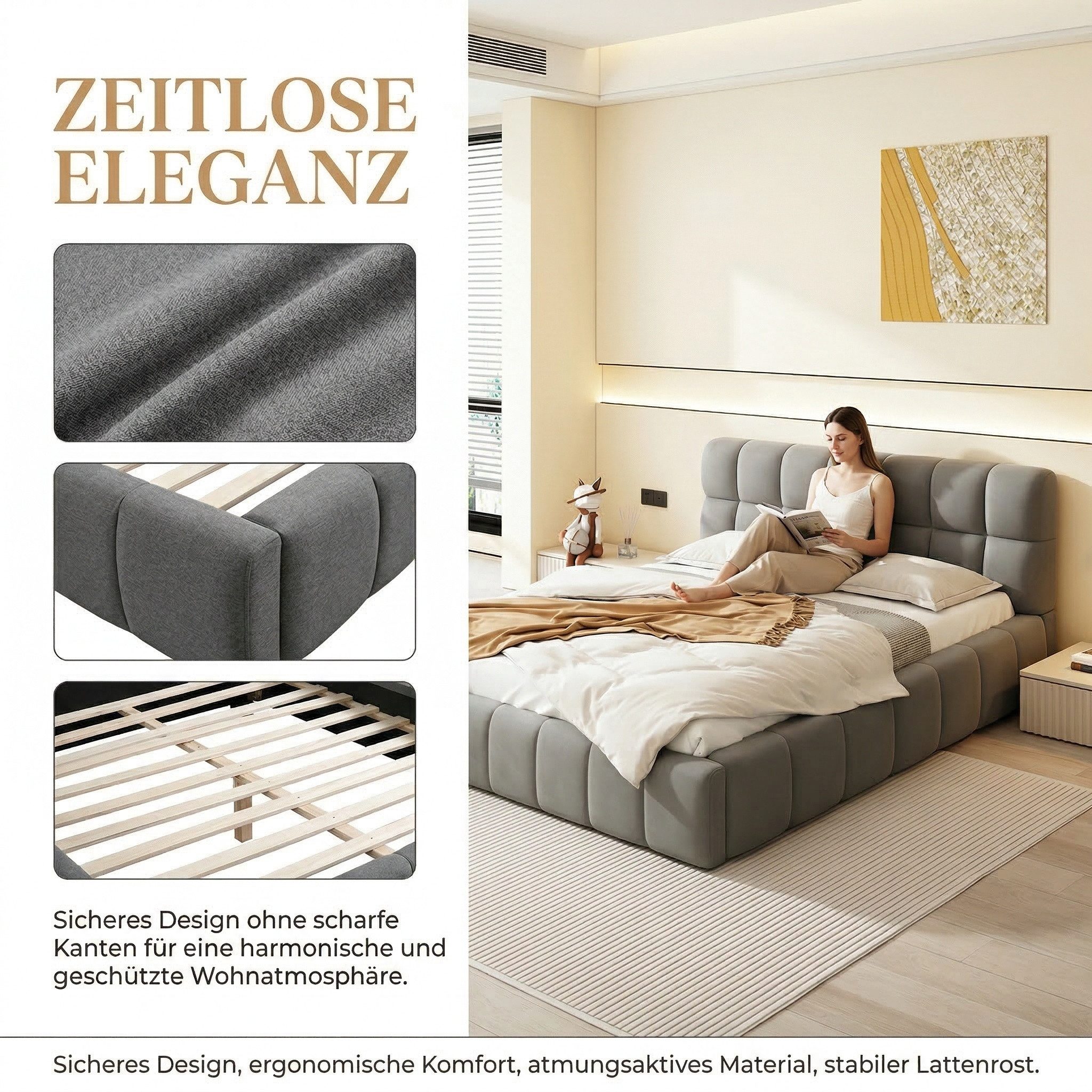PXloue Polsterbett Doppelbett Jugendbett (ohne Matratze), (Futonbett), Mit Bettrahmen und Lattenrost, Leinen-Stoff, 140x200cm
