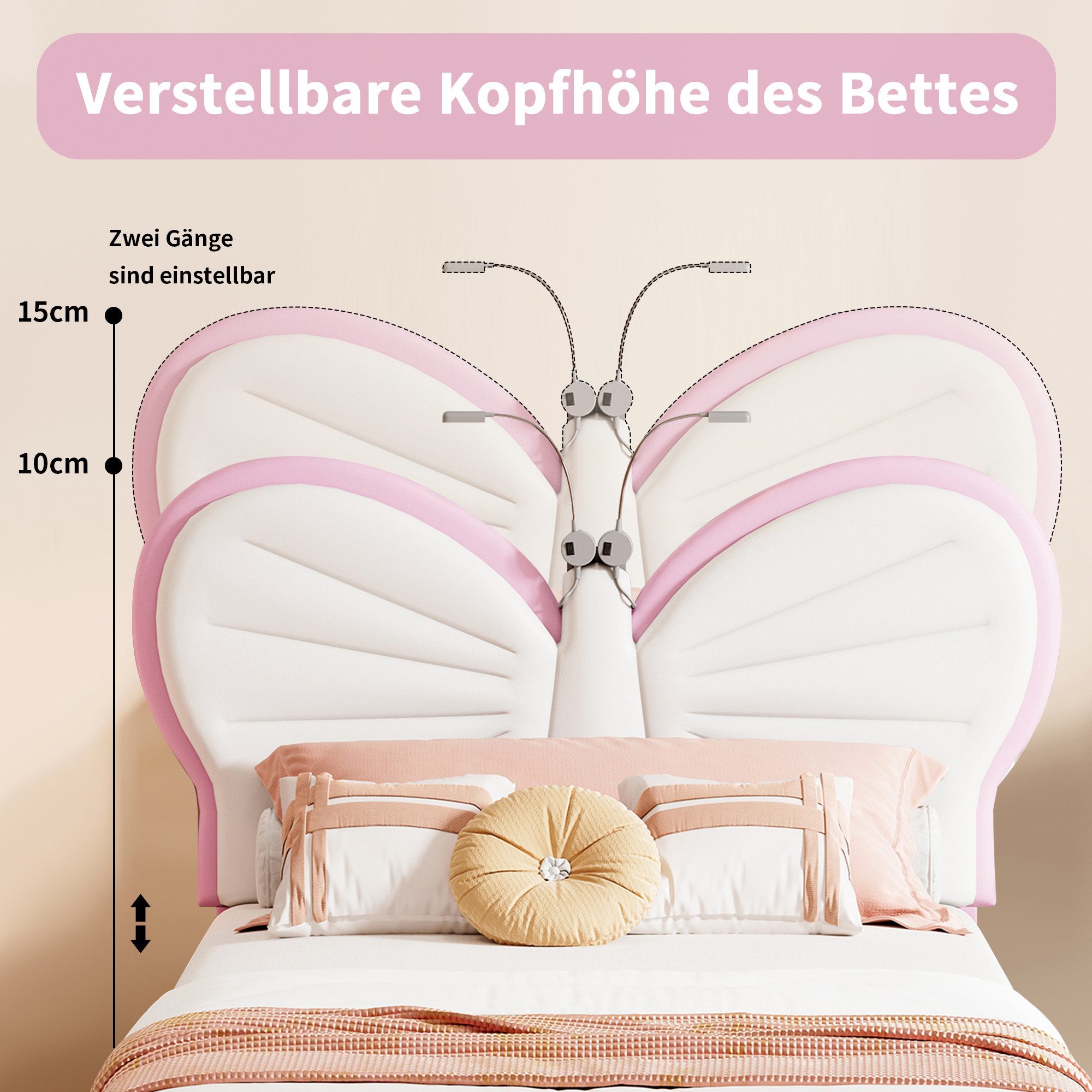 Simurq Prinzessinbett Kinderbett 90x190/90x200 cm Schmetterling Polsterbett (Prinzessinnenbett, höhenverstellbarem Samt-Kopfteil), Jugendbett Einzelbettmit LED- – Bild 4 von 5