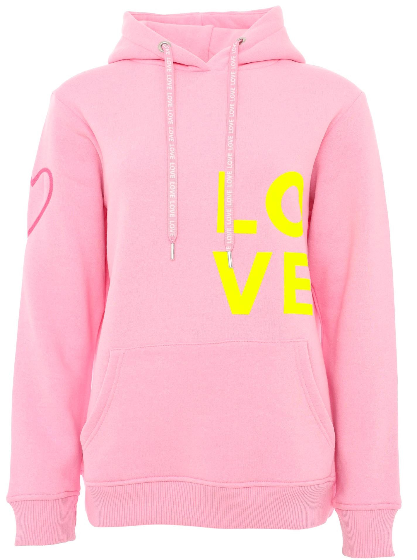 Zwillingsherz Kapuzensweatshirt mit gesticktem Neon Herz am Ärmel und "Love" Schriftzug auf Kordel – Bild 2 von 5