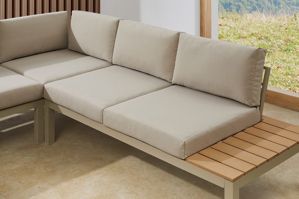 riess-ambiente Sitzgruppe MIAMI LOUNGE 240cm champagner/greige - WPC, Aluminium, wetterfest, (Einzelartikel, 1-tlg), Outdoor Lounge inkl. Kissen - ideal für Balkon, Terrasse oder Garten