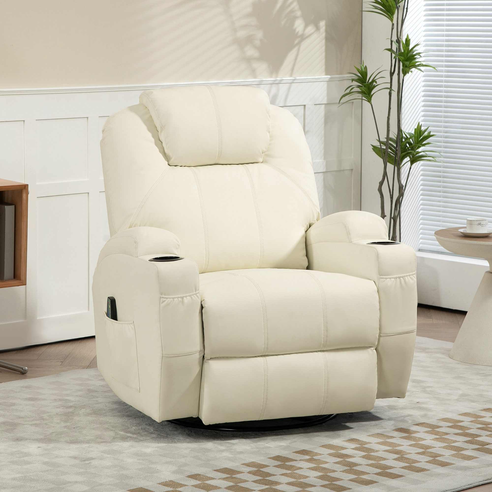 HOMCOM Massagesessel Fernsehsessel mit Liegefunktion, Wippfunktion, Drehbar (Ruhesessel, 1-St., Relaxsessel), für Wohnzimmer, Cremeweiß