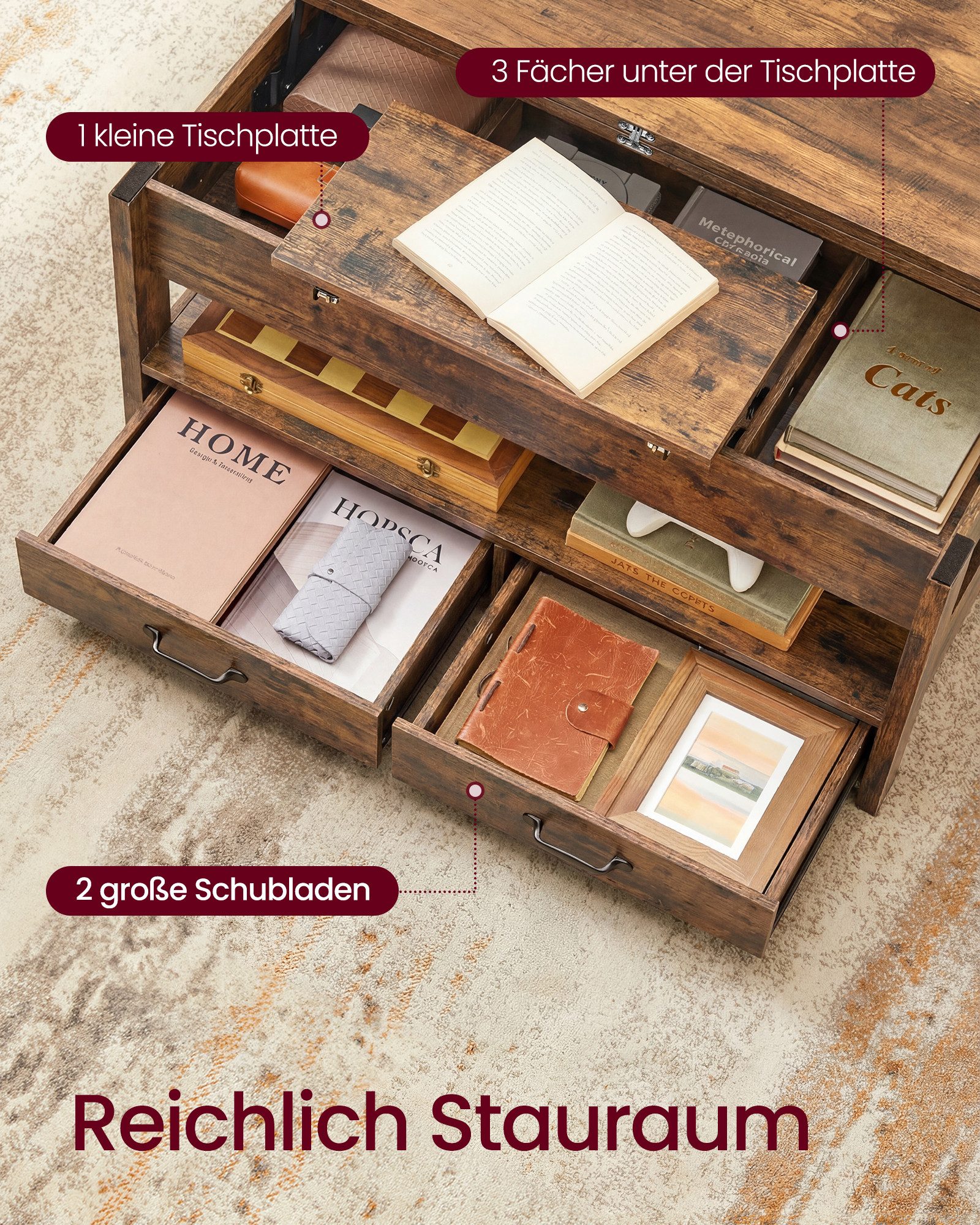 VASAGLE Couchtisch höhenverstellbar mit 2 hochklappbaren Tischplatten, Stauraum (multifunktional, inkl. Zubehörpaket & Anleitung), 2 Schubladen und Ablage, Wohn – Bild 5 von 5