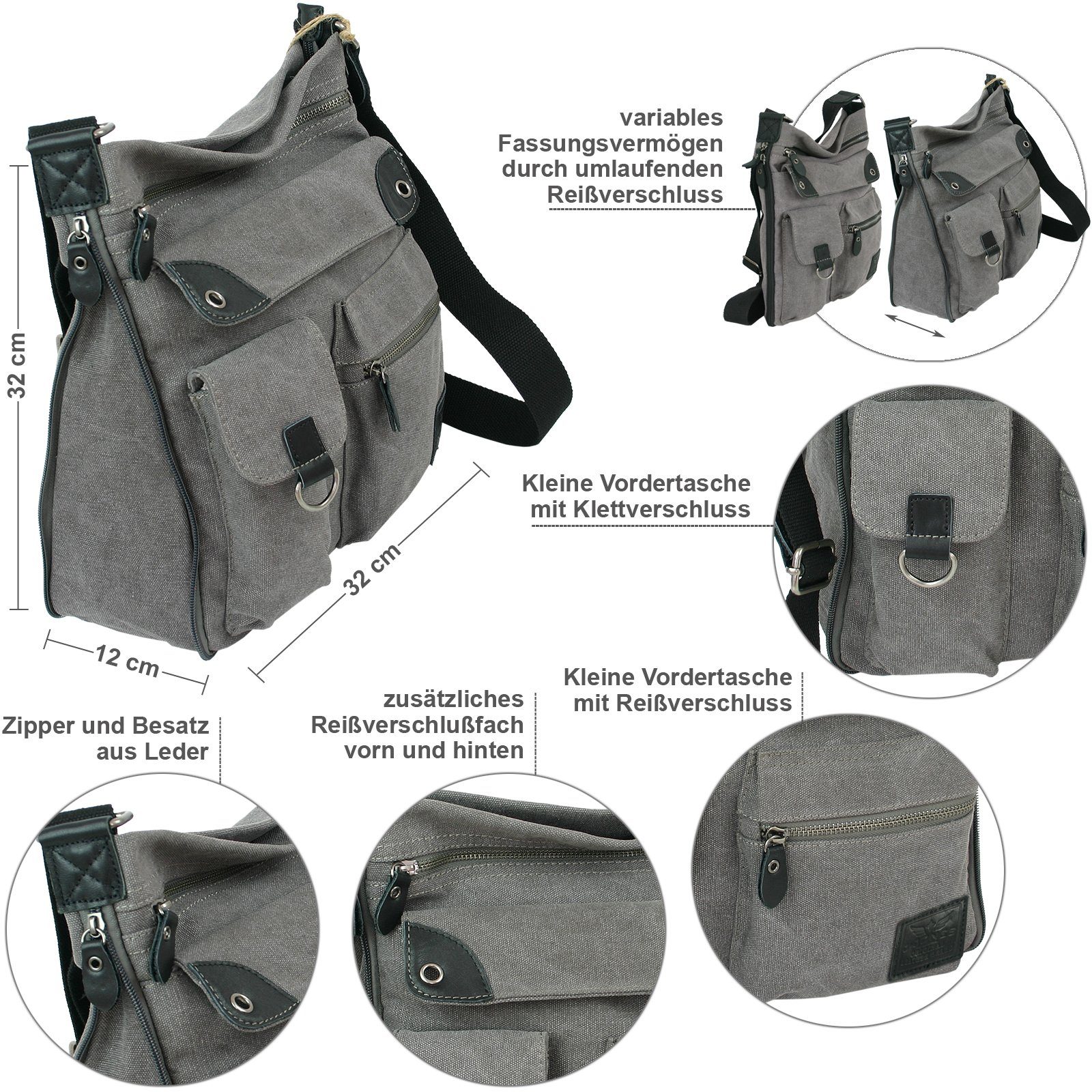 J JONES JENNIFER JONES Schultertasche Große Damen Umhängetasche aus Canvas, Vintage Look, viele Fächer