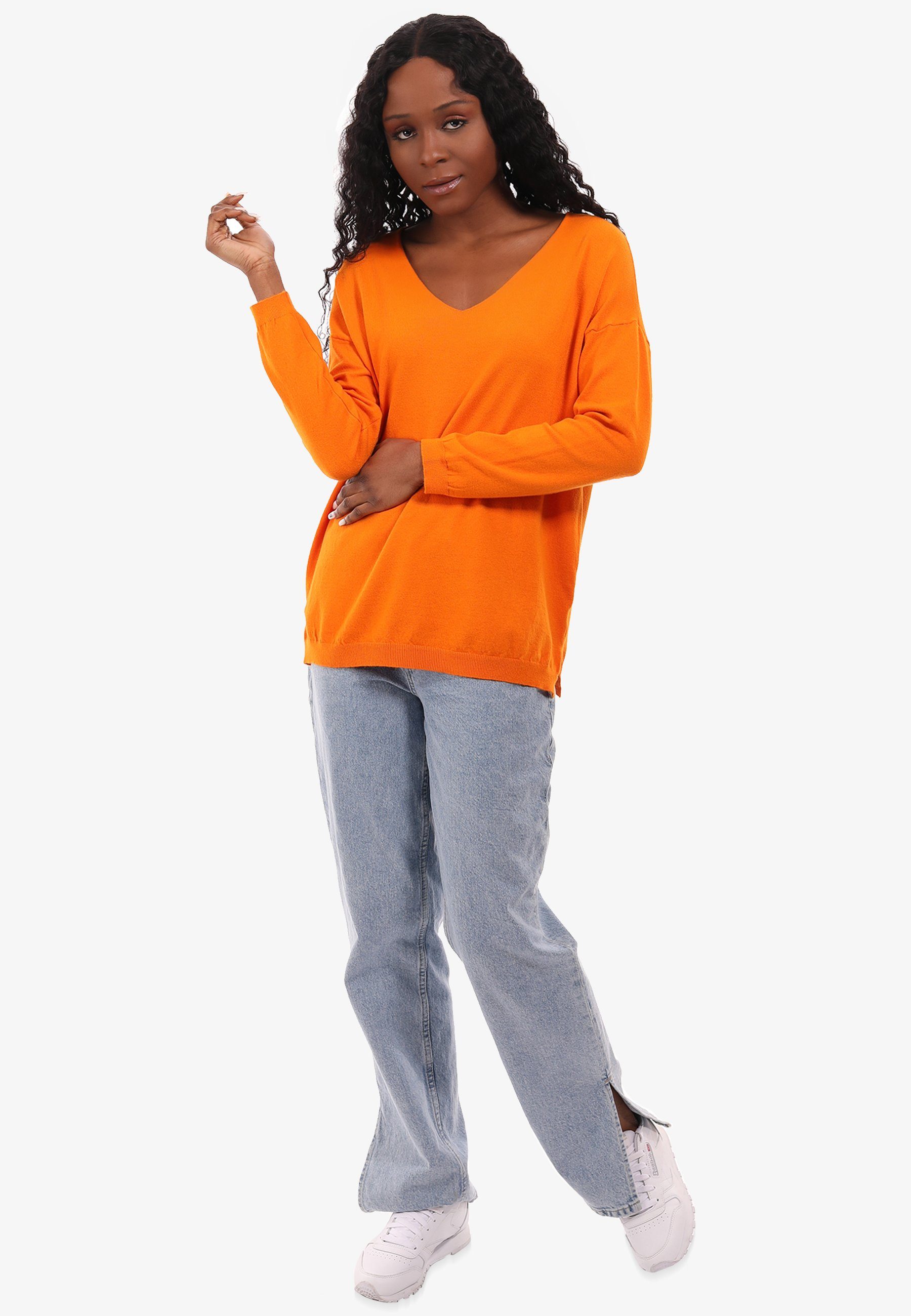 Casual V-Ausschnitt-Pullover Unifarbe, orange Pullover in & V-Ausschnitt Style YC aus mit Fashion Feinstrick