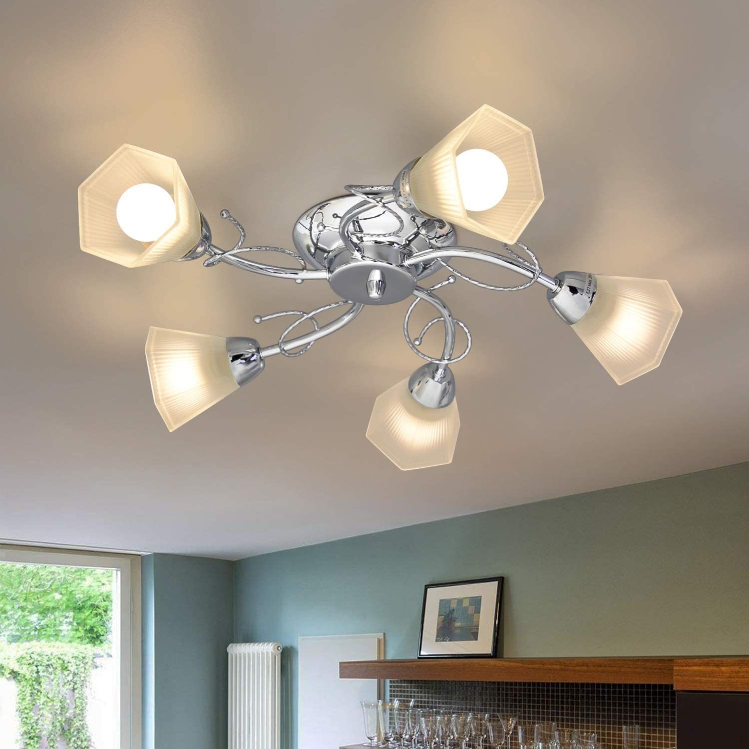 zmh led deckenleuchte »deckenlampe modern florentiner stil 5 flammig aus  glas und metall in chrom für schlafzimmer wohnzimmer esszimmer« online  kaufen