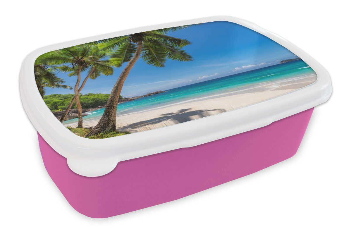 MuchoWow Lunchbox Strand - Palme - Meer - Insel, Kunststoff, (2-tlg), Brotbox für Erwachsene, Brotdose Kinder, Snackbox, Mädchen, Kunststoff rosa