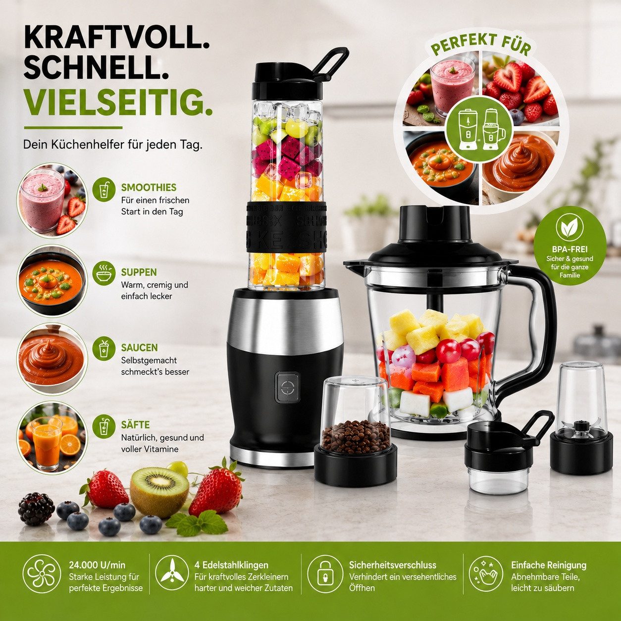 Fofile Standmixer 3-in-1 Mixer Smoothie Maker Zerkleinerer & Mühle mit Tragbarer Becher, 700 W, 24.000 U/min, 4 scharfen Edelstahlmessern, Ein-Knopf-Bedienung – Bild 4 von 5