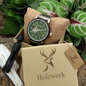 Holzwerk Automatikuhr CREUSSEN Herren Edelstahl & Holz Armband Uhr, silber, grün, schwarz