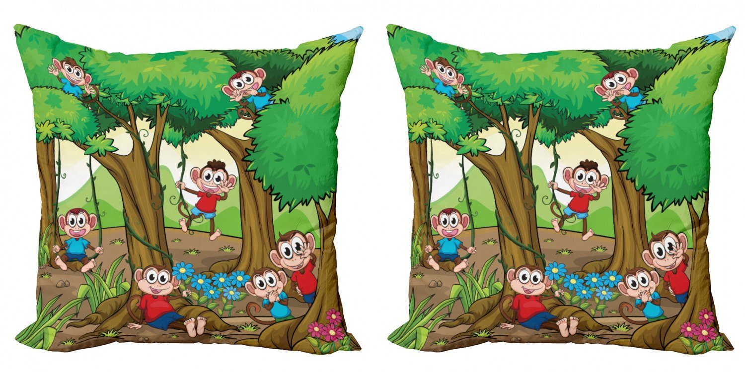 Kissenbezüge Modern Accent Doppelseitiger Digitaldruck, Abakuhaus (2 Stück), Kindergarten Kid Affen spielen in Forest