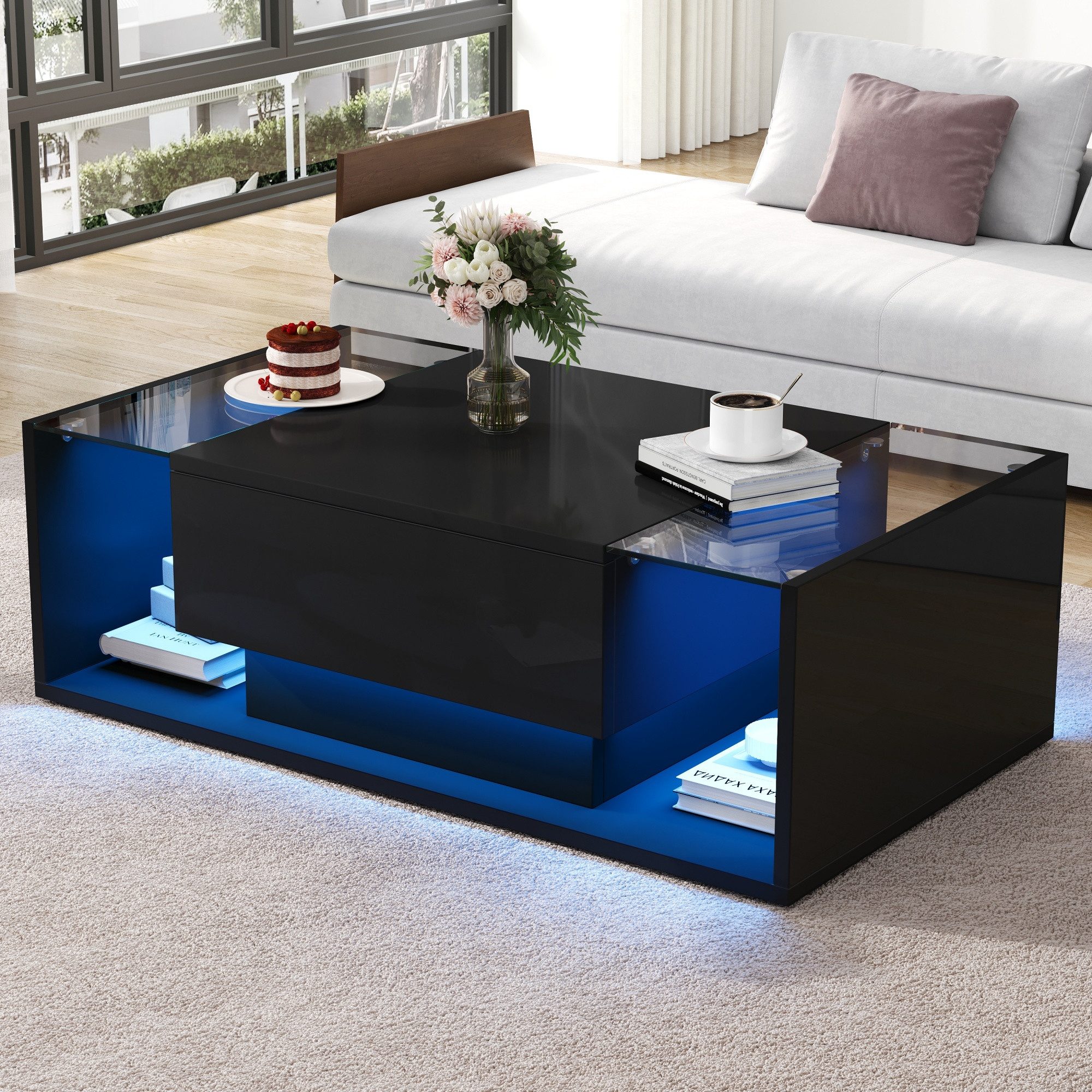 STILVORA Couchtisch mit Schublade,Wohnzimmertisch Sofatisch mit LED-Lichtleiste&Glasplatte (Satztisch, Beistelltisch, Sofatisch, 1-St., mit 1 Schublade und LED-Lichtleiste), Hochglanz-Sofatisch